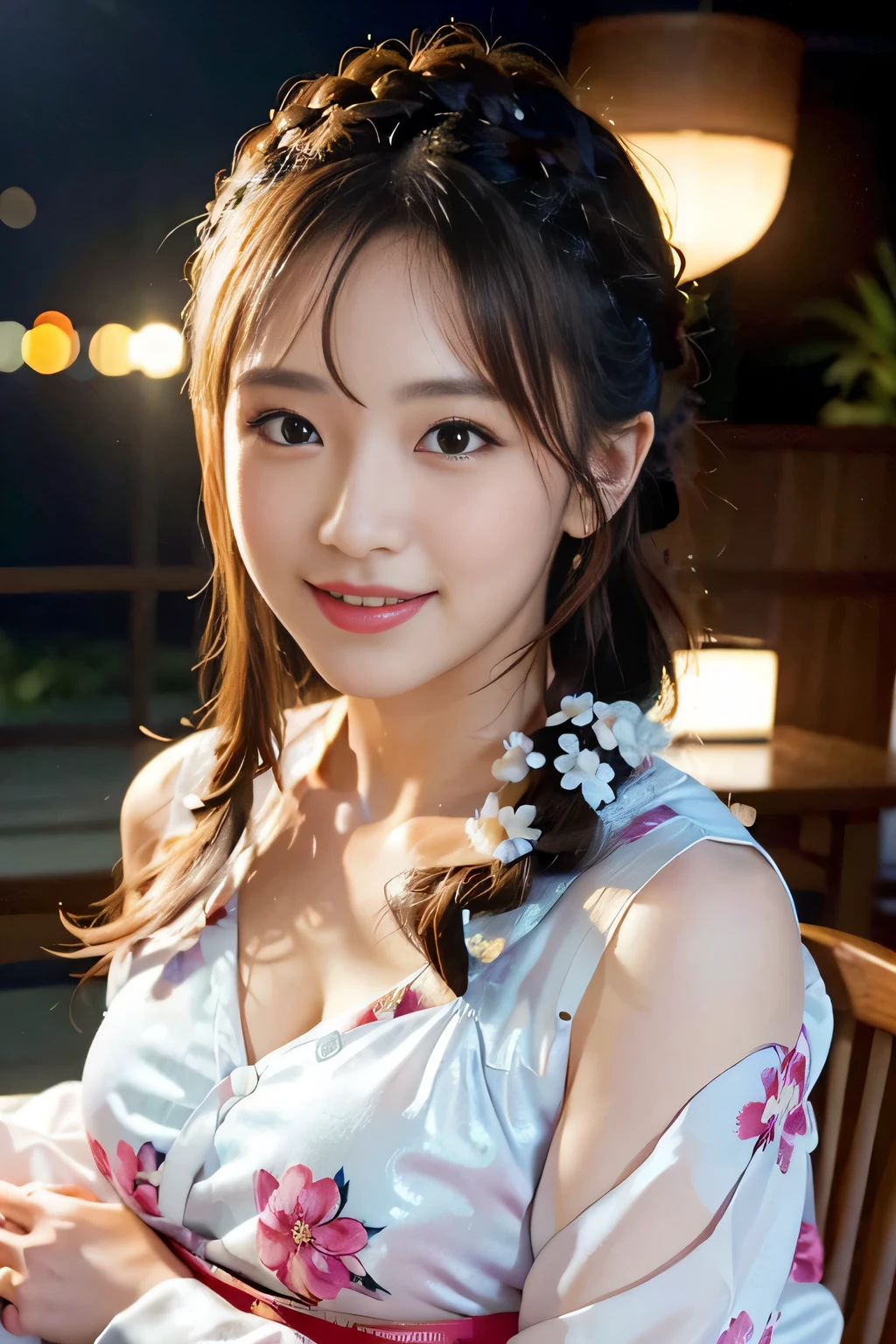 (beautiful mature adult woman),(flower hair ornament,floral braided top knot,twisted side part ponytail,floral braided headband,half up、floral braided space buns,voluminous fishtail braid,Twisted pan,),(The bangs are see-through bangs),very delicate and beautiful hair,(((emphasize the chest:1.3))),(dynamic angle),(Dynamic and sexy poses),laughter、Looking back wearing a floral yukata isolated on white background、Fireworks are launched into the sky against the backdrop of the riverbank at night.、cute round face,,(table top,highest quality,Ultra high resolution output image,) ,(8K quality,),(sea art 2 mode.1),(Image mode Ultra HD,)