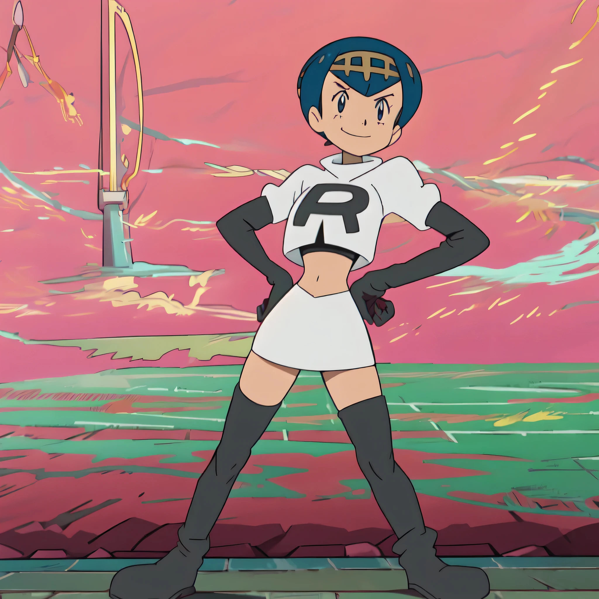 8k, anime screencap,1girl in, (solo:1.1), (perfect body:1.1), (best quality:1.1), very large breast, team rocket uniform, red letter r, white skirt,white crop top,black thigh-high boots, black elbow gloves, evil smile, looking down at viewer, hands on hips,zettai ryouiki,