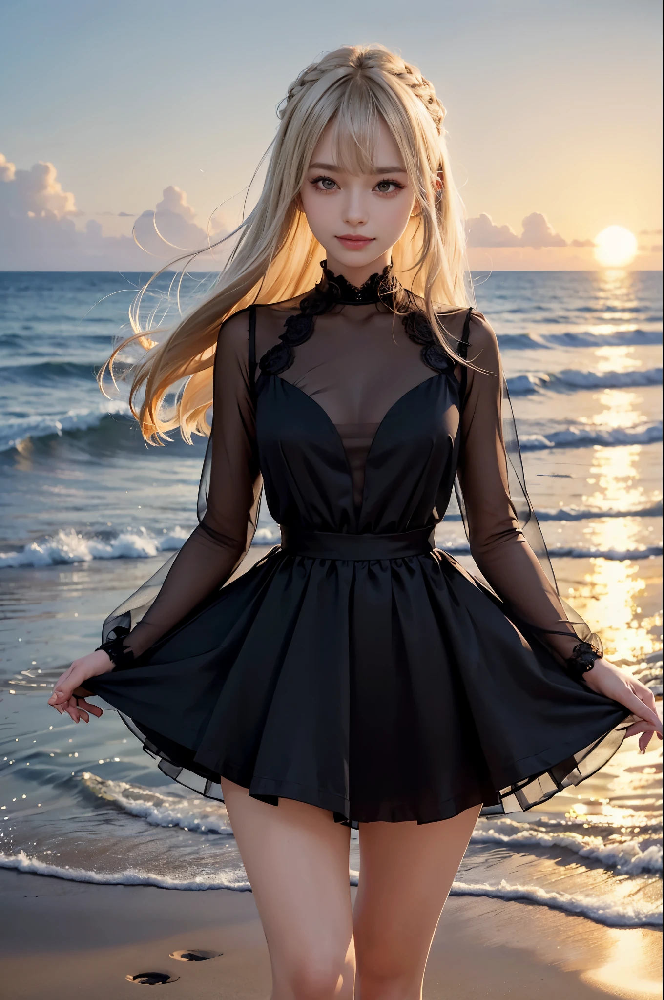 1 girl, blonde hair, gray hair, long hair, bangs, sparkling eyes, long eyelashes, pupils shine, compensate, smile, Depth of bounds written, from below, silhouette, from behind, wide shot, f/1.4, 135mm, canon, nffsw, retina, Accurate, anatomically correct, rough skin, Super detailed, advanced details, high quality, 最high quality, High resolution, 8K, (Woman walking on the beach at sunset), 逆光のsilhouette, (see-through black dress), ((光を通して体のsilhouetteが見える)), (hair blowing in the wind), (Skirt soars in the wind)