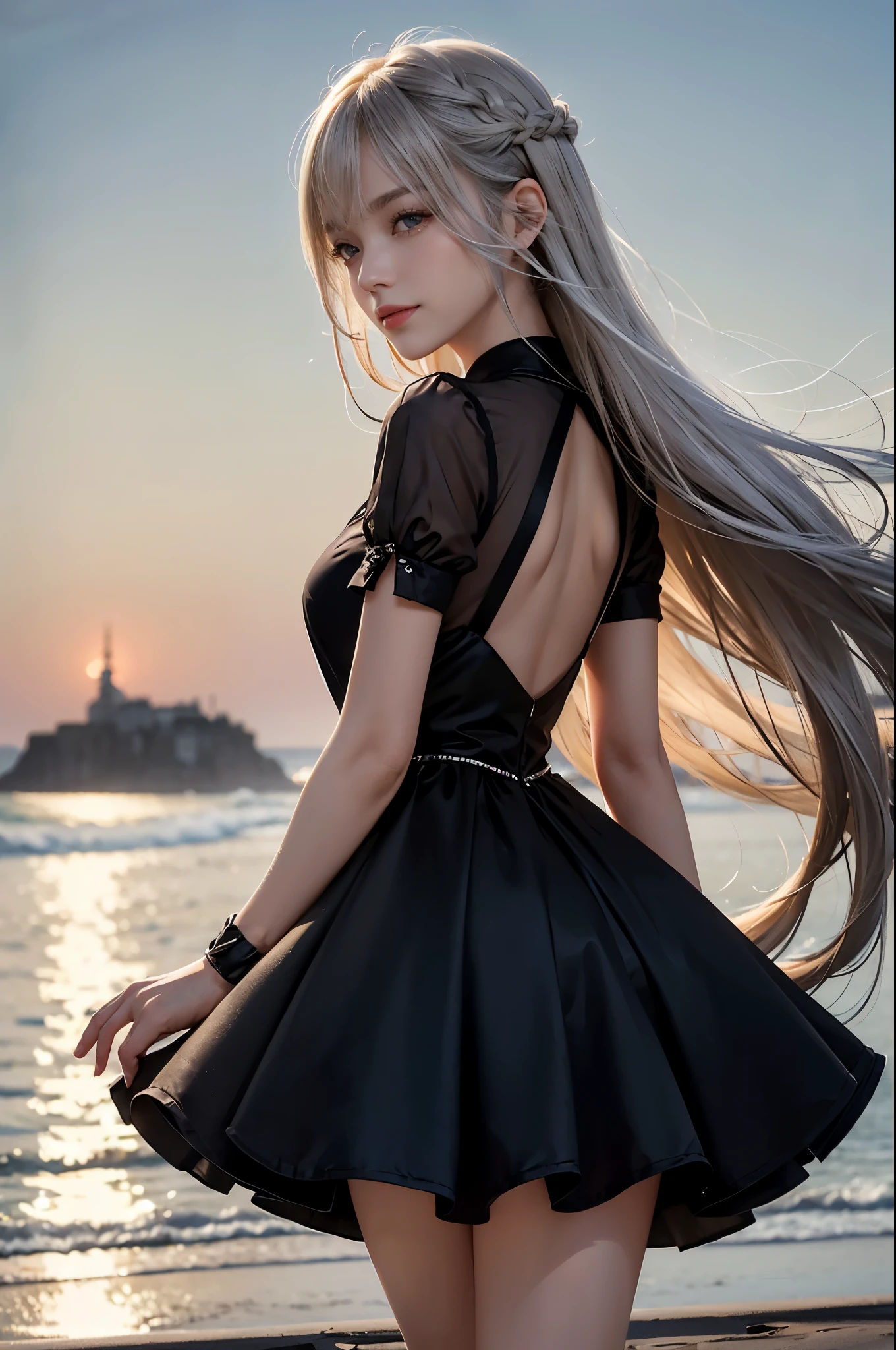1 girl, blonde hair, gray hair, long hair, bangs, sparkling eyes, long eyelashes, pupils shine, compensate, smile, Depth of bounds written, from below, silhouette, from behind, wide shot, f/1.4, 135mm, canon, nffsw, retina, Accurate, anatomically correct, rough skin, Super detailed, advanced details, high quality, 最high quality, High resolution, 8K, (Woman walking on the beach at sunset), 逆光のsilhouette, (see-through black dress), ((光を通して体のsilhouetteが見える)), (hair blowing in the wind), (Skirt soars in the wind)
