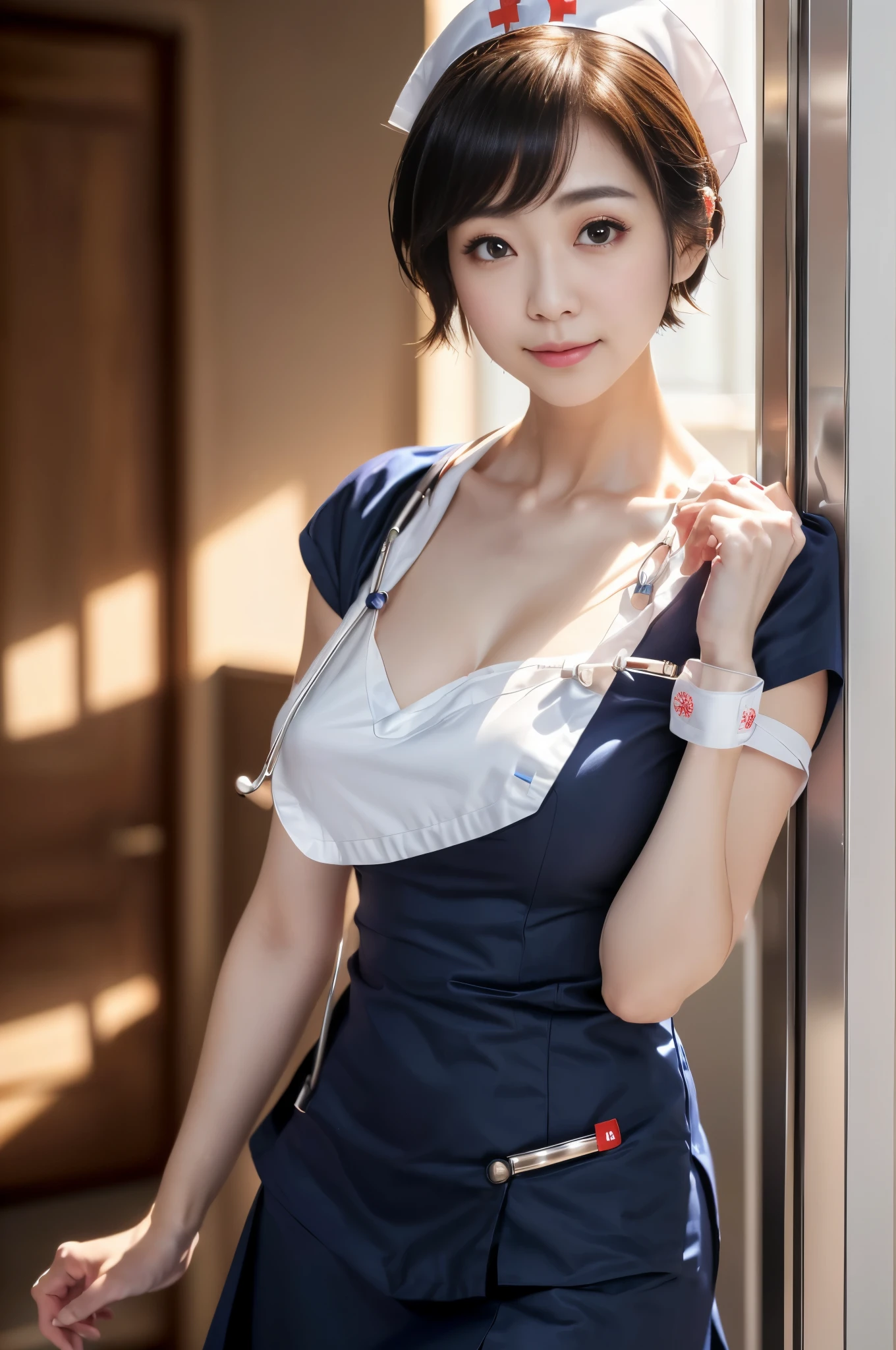 sfw:1.5、(((Nurse Costume)))、フォトリアリスティックな美しいnurse、1 female、masterpiece、nurse, (highest quality、8K、32K、masterpiece、sfw:1.3)、(Photoreal:1.3)、Raw photo, detailed face,,beautiful hair,skin that looks real、 ((nurseスタイル)), Pixie Cut、small breasts, black tight skirt、 natural makeup、inside hospital, detailed background, perfect lighting, Depth of bounds written, Stethoscope ,