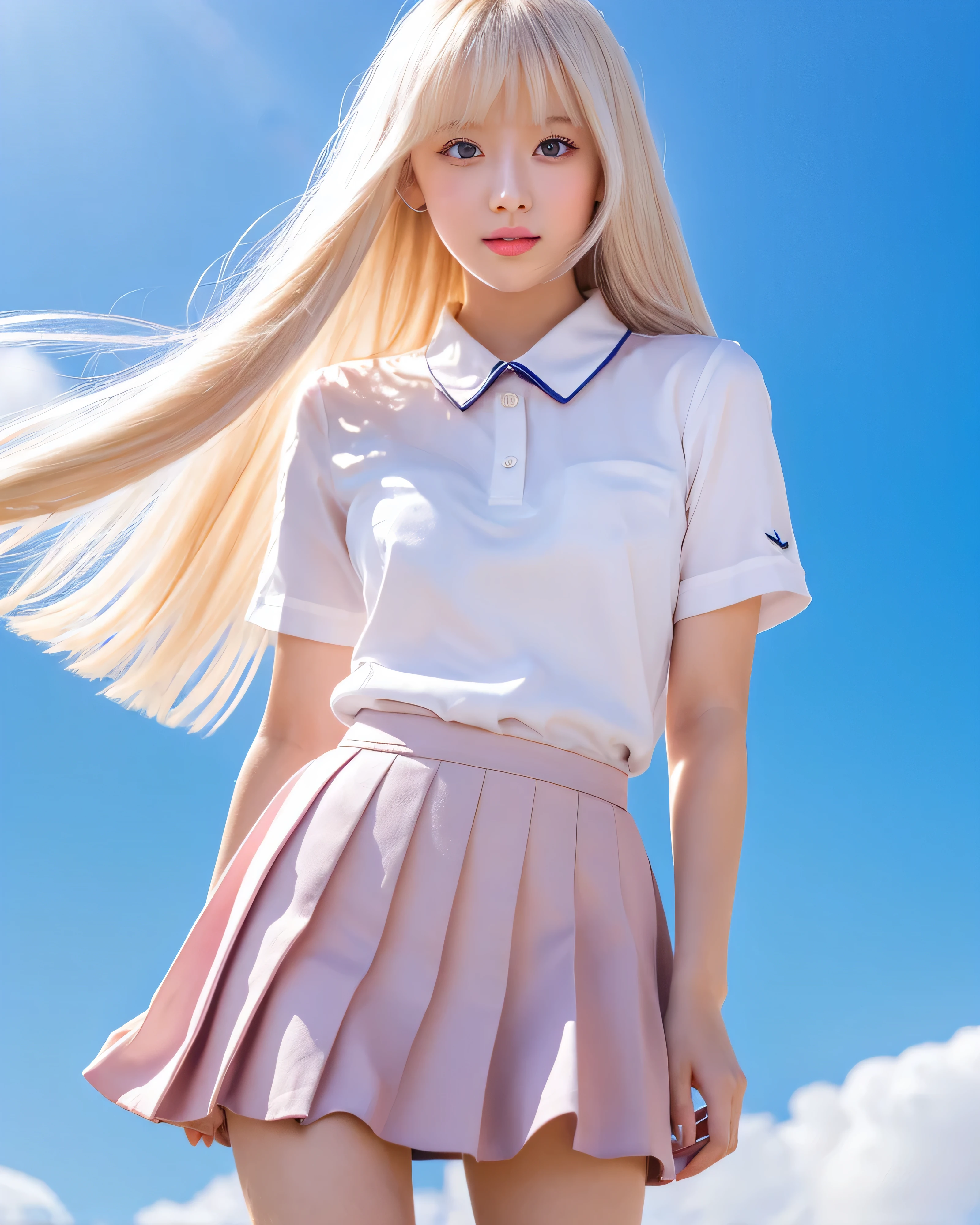 beautiful japanese girl,17 years old,(school uniform:1.5),platinum blonde thin hair,Complex hair details,Super Long Straight Silk Hair,asymmetrical bangs,big magic eyes,beautiful eyes in high resolution,A fleeting expression,smooth and soft skin,pale pink lips,high resolution glossy face,bright makeup,navy pleated skirt,mini skirt,beautiful legs in high resolution,summer sunshine,professional lighting,blue sky,White cloud,skirt fluttering in the wind,Low - Angle,professional lighting,professional photographer