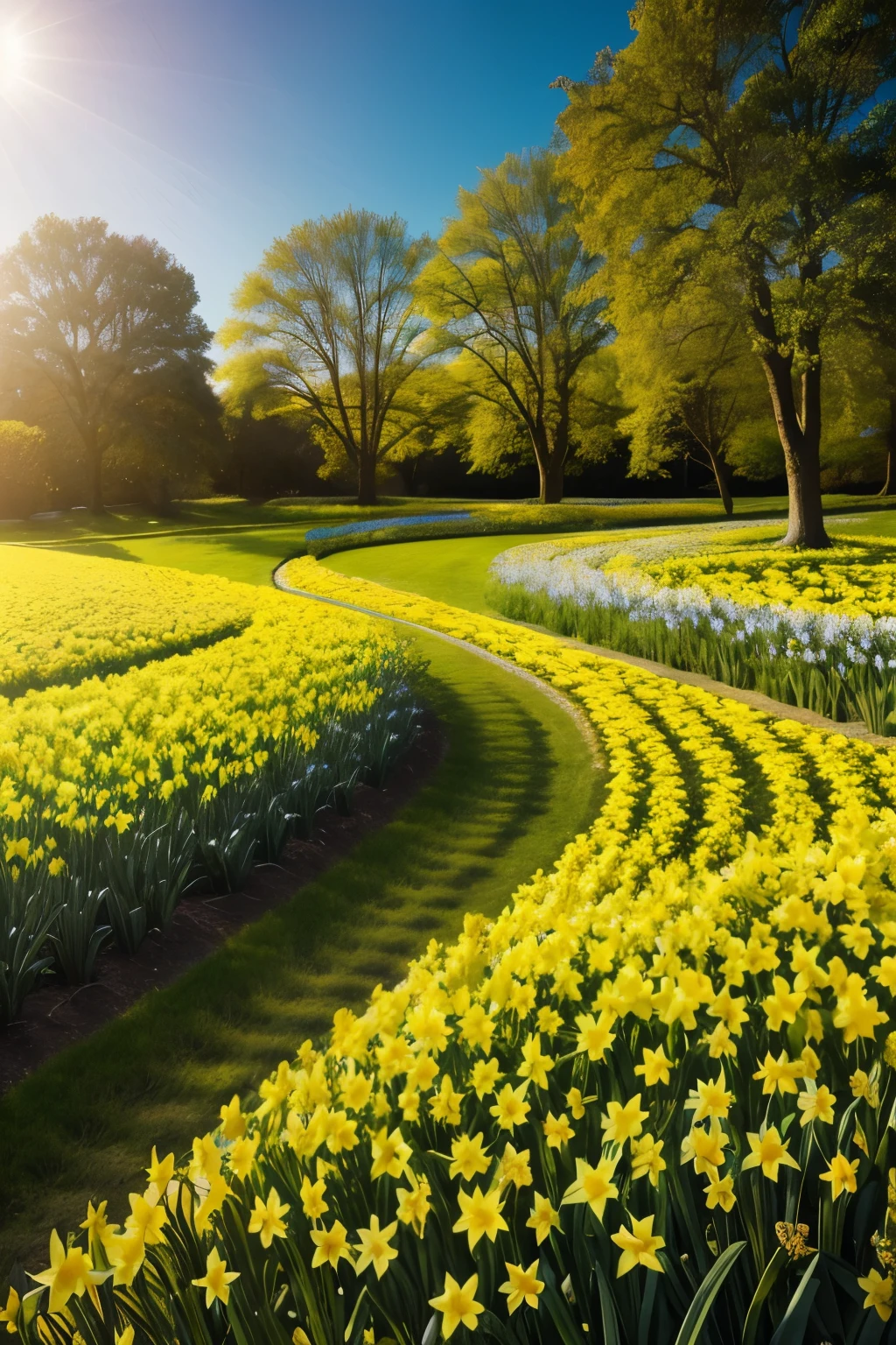 digital art of a spring landscape, of a daffodil garden, trees sunlight, insanely detailed, landscape photography 