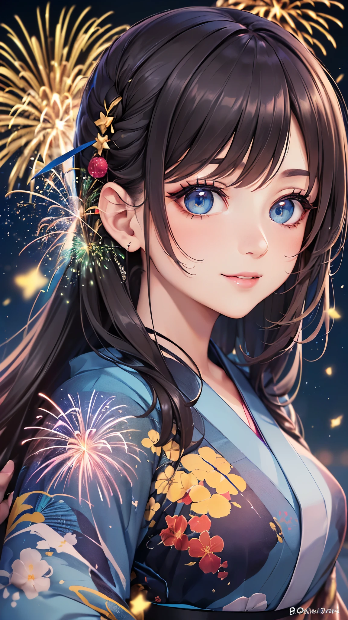 ((highest quality)),(ultra high resolution),(Super detailed),(detailed description),((best CG)),(best work of art),super precision art,great drawing art,(Art with precise details:1.5), (1 woman:1.8),(beautiful and well-shaped face:1.5),(gentle eyes:1.5),(light makeup:1.6),(coiffed hair:1.6),(Yukata depicted in precise detail:1.6),(smile:1.4), (Large fireworks shining in the night sky:1.5),