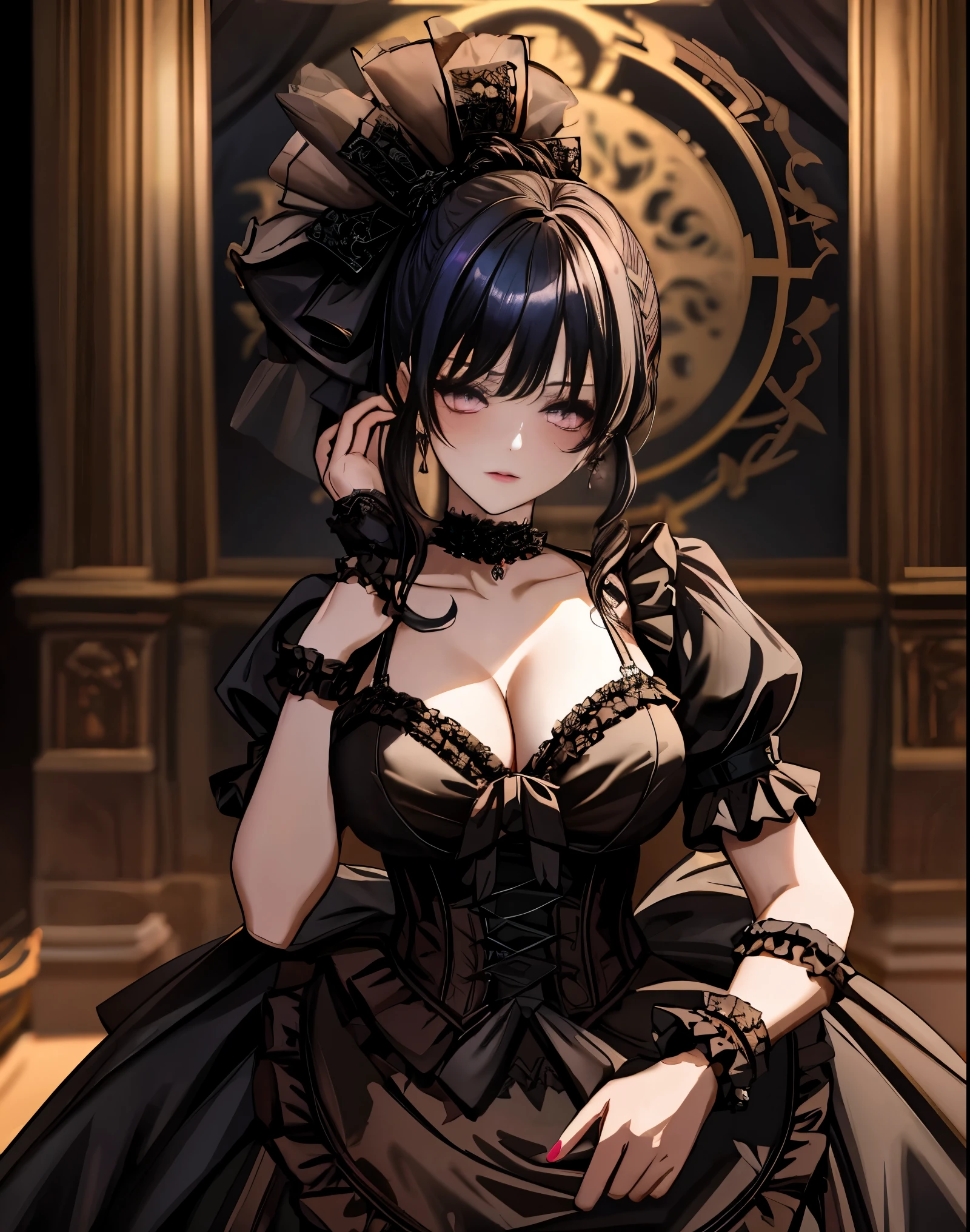 masterpiece, confused,HDR ,highly detailed eyes and face,GothGal, Woman in black ball gown posing for a photo, frills, race ,short sleeve, choker, race gloves,neckrace, woman wearing a GothGal outfit, wearing a ballgown,  ((to NFSW:1.3))