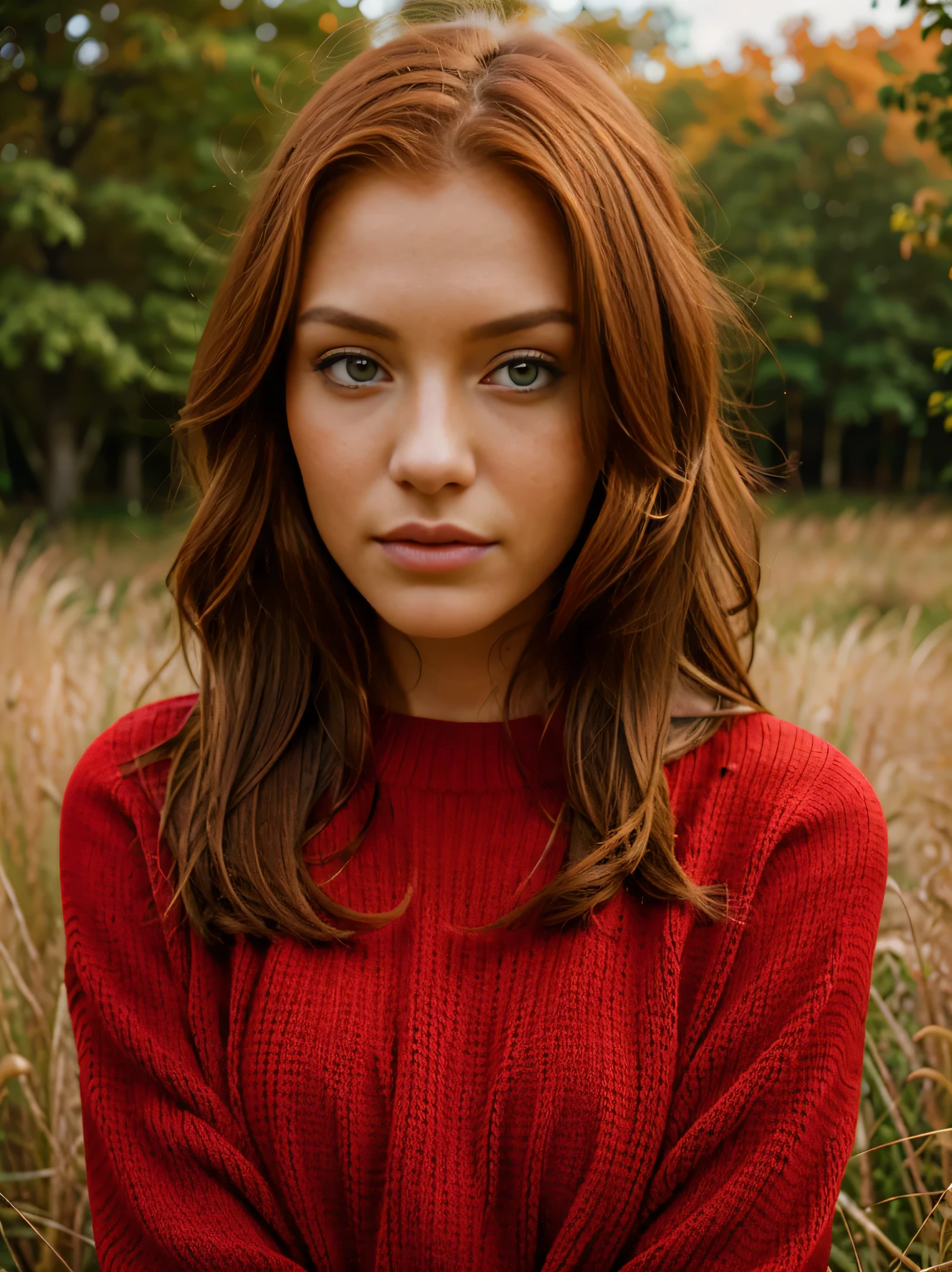 retrato, mujer pelirroja, cabello ondulado, vista frontal, cara detallada, ojos perfectos, FONDO DE HIERBA, sweater, red sweater, ropa roja,