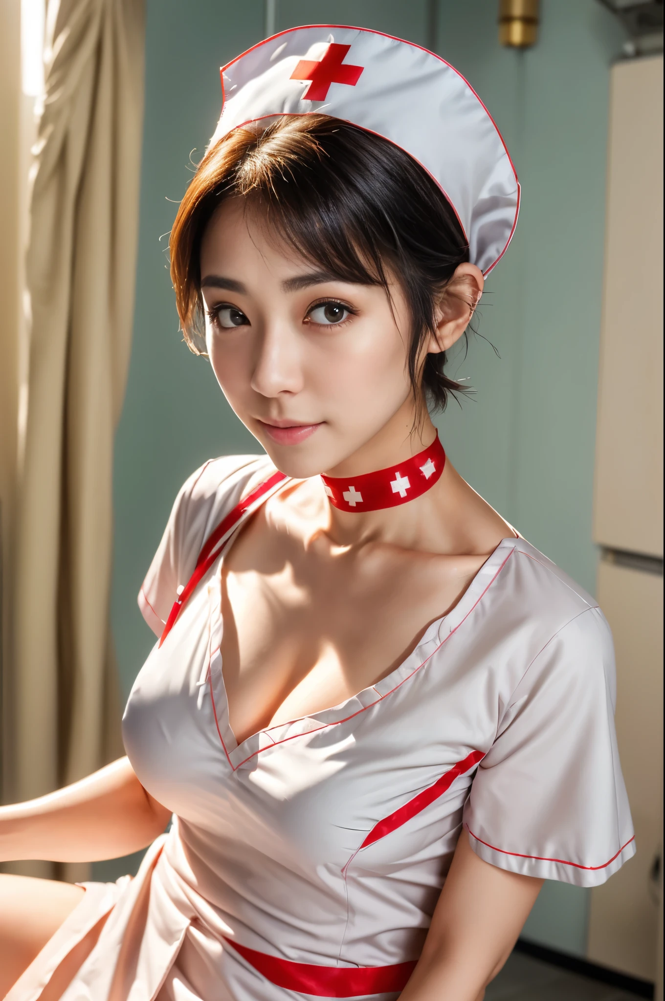 sfw:1.5、(((Nurse Costume)))、フォトリアリスティックな美しいnurse、((1 female))、masterpiece、nurse, (highest quality、8K、32K、masterpiece)、(Photoreal:1.3)、Raw photo, detailed face,,beautiful hair,skin that looks real、 ((nurseスタイル)), Pixie Cut、small breasts, black tight skirt、 natural makeup、inside hospital, detailed background, perfect lighting, Depth of bounds written, Stethoscope ,exact number of fingers、accurate finger shape