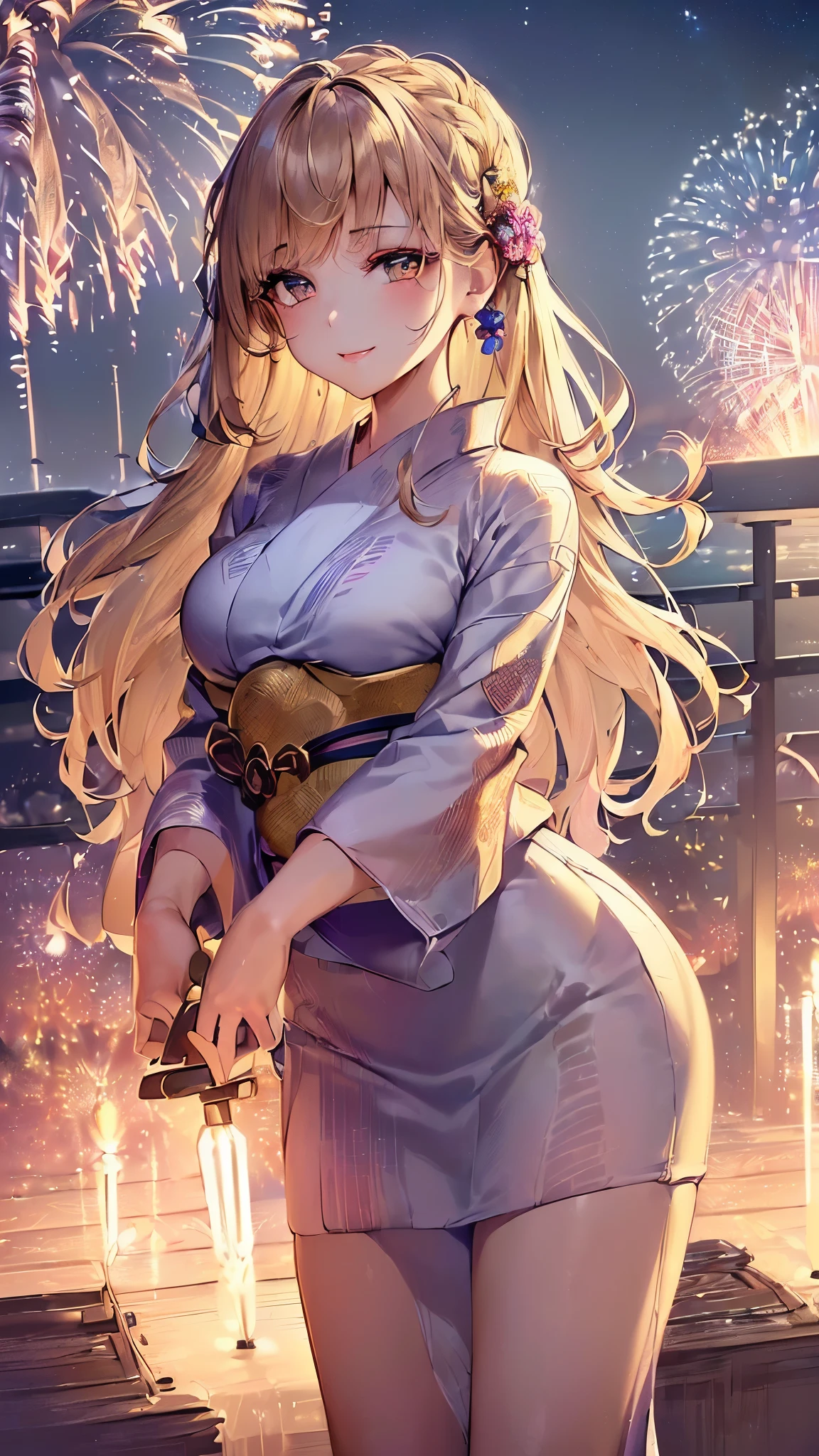 ((highest quality)),(ultra high resolution),(Super detailed),(detailed description),((best CG)),(best work of art),super precision art,great drawing art,(Art with precise details:1.5), (1 woman:1.5),(beautiful and well-shaped face:1.5),(gentle eyes:1.5),(light makeup:1.6),(coiffed hair:1.6),(Yukata depicted in precise detail:1.6),(smile:1.4), (Large fireworks shining in the night sky:1.5),