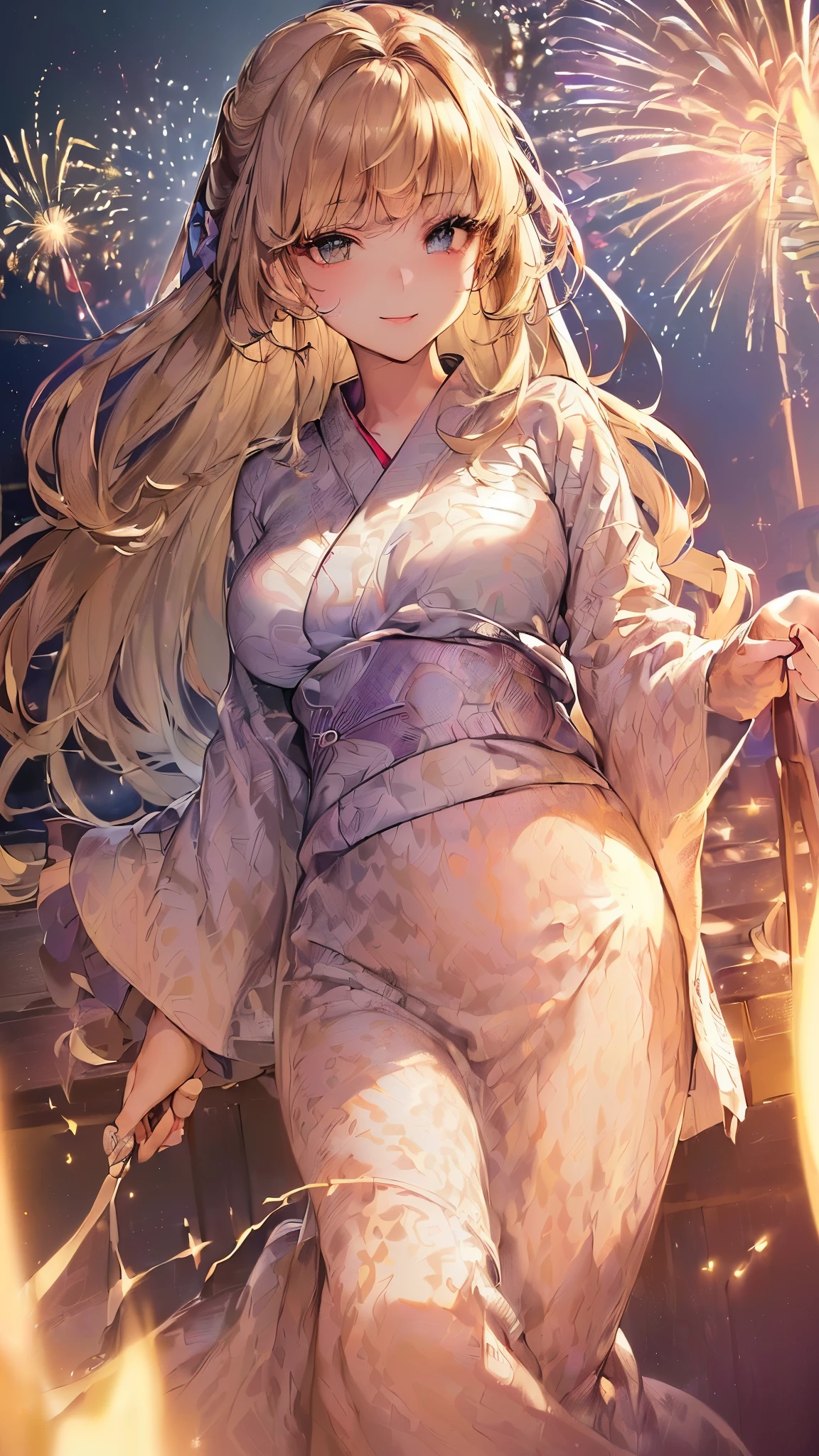 ((highest quality)),(ultra high resolution),(Super detailed),(detailed description),((best CG)),(best work of art),super precision art,great drawing art,(Art with precise details:1.5), (1 woman:1.5),(beautiful and well-shaped face:1.5),(gentle eyes:1.5),(light makeup:1.6),(coiffed hair:1.6),(Yukata depicted in precise detail:1.6),(smile:1.4), (Large fireworks shining in the night sky:1.5),