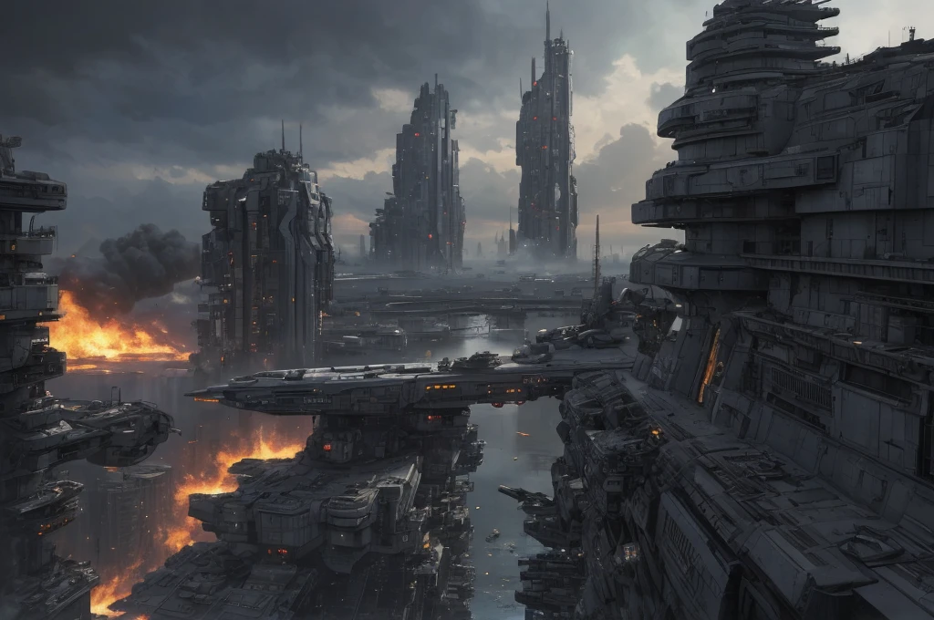 Ultra-realistic 16K CG, masterpiece, Best Composition, Photo quality, work of art, a lot of details, view from above, 8K, very detailed, distant fantasy, cyberpunk, hyper-detailed, crazy details, wet, rain, Moss on the walls, flowers, flood, a bomber is flying in the foreground, against the backdrop of a beautiful futuristic fantasy city in the style of Coruscant from Star Wars by John Lucas, war, there is a battle going on, the city is attacked by sky dreadnoughts, fire from the sky, Explosions, buildings are burning, rays from tracer shells in the sky, a downed dreadnought is burning in the background, debris, there is a battle going on, fog, Science fiction, Huge fantastic skyscrapers in the background, space elevator towers, very high background detail, A lot of small details, A busy street, a lot of passers-by, the sky is gloomy from burning, molten metal flows into water, fuel burns in water., two soldiers escort a slave, neck collar with chain