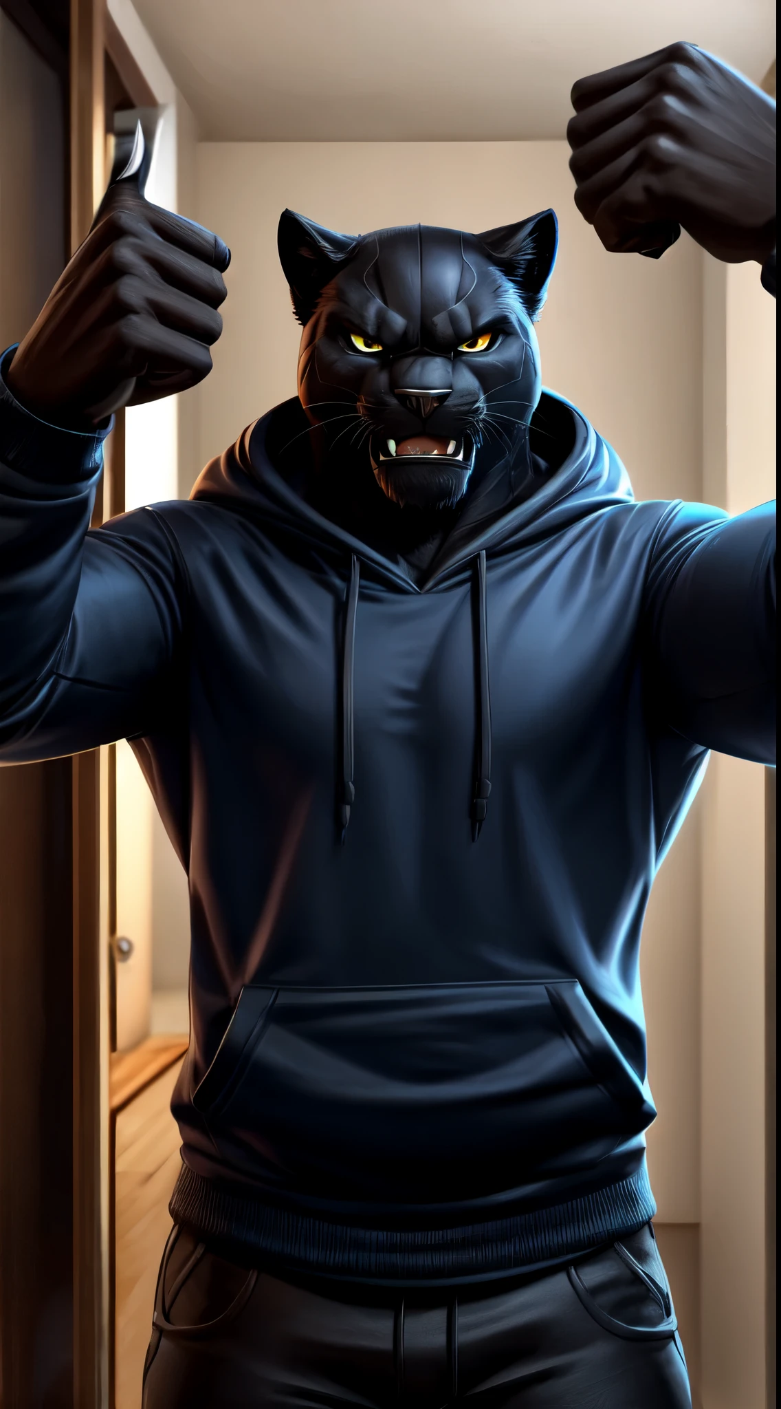gigachad black panther in a hoodie, angry pointing at camera