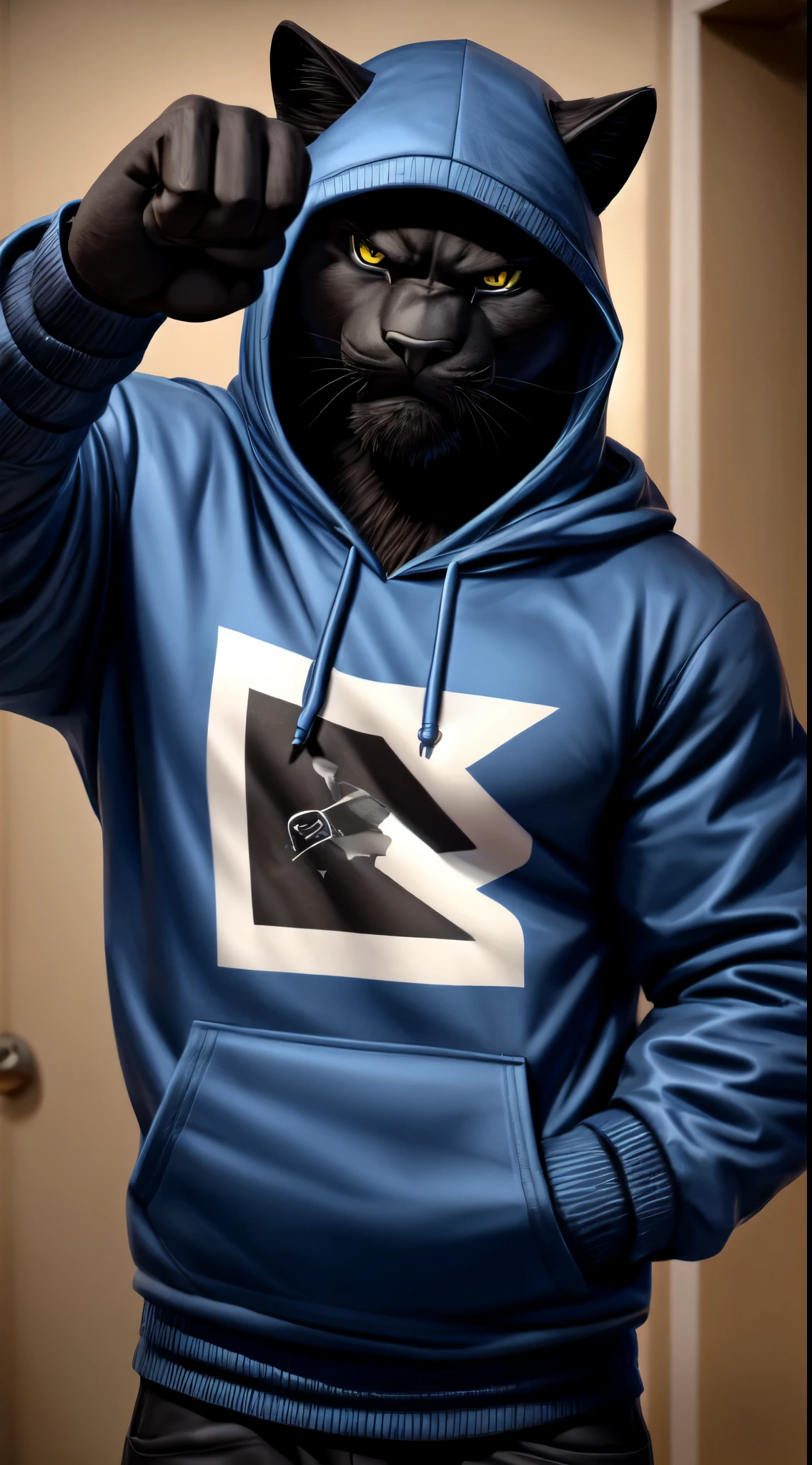 gigachad black panther in a hoodie, angry pointing at camera