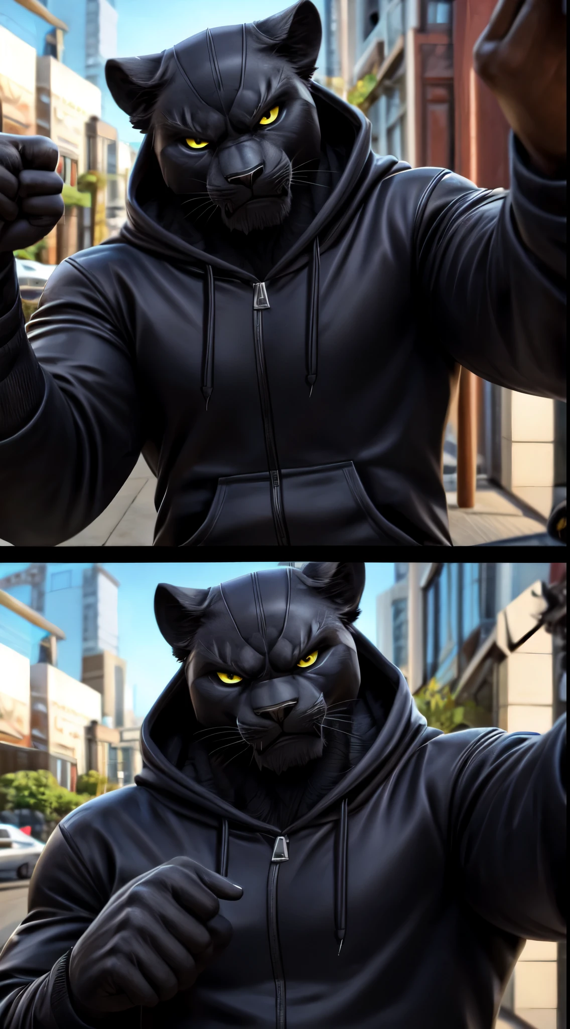 gigachad black panther in a hoodie, angry pointing at camera