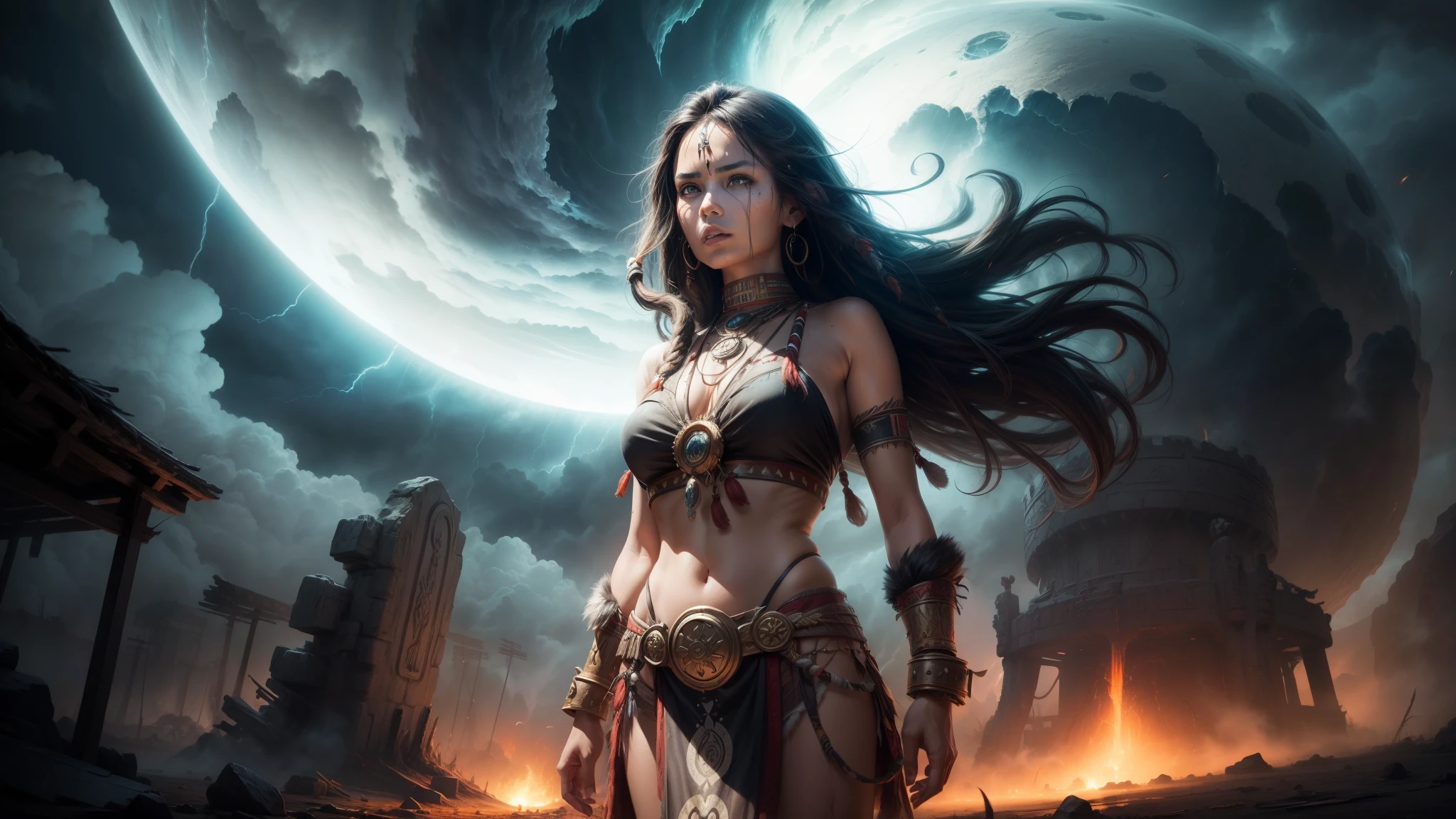 A tribal maiden stands amidst the remnants of an ancient civilization, embracing her heritage. Her eyes reflect wisdom and resilience, while her lips tell stories of ancient legends. The intricate details of her traditional attire, adorned with tribal patterns and vibrant colors, showcase a rich cultural heritage. She stands tall, facing a turbulent storm, symbolizing her inner strength and determination.
The surrounding landscape is veiled in swirling clouds, creating a mysterious and dramatic atmosphere. The composition is dynamic, with elements of both chaos and harmony. The brushstrokes are painterly, adding texture and depth to the image. Every stroke brings the scene to life, capturing the essence of fantasy realism.
The ambiance is captivating yet dark, evoking a sense of both wonder and danger. The tribal maiden's presence amidst the ancient ruins signifies the resilience of her people and their connection to the past. The storm, with its menacing clouds and lightning, adds an element of tension and urgency.
This artwork is a masterpiece, crafted with the best quality and attention to detail. The level of detail is ultra-detailed, with each brushstroke capturing the tribal maiden's features and the intricate patterns on her attire. The result is a realistic and photorealistic representation, where every aspect is meticulously rendered.
The color palette is carefully chosen, reflecting the tribal traditions and the stormy atmosphere. Deep earthy tones dominate, infused with pops of vibrant colors representing the tribal culture. The lighting is atmospheric, casting dramatic shadows and highlighting the tribal maiden's face and figure.
Together, these elements create a captivating and immersive artwork, where the tribal maiden stands as a symbol of strength amidst the remnants of an ancient civilization. The storm and swirling clouds represent the challenges she faces, while the painterly details and fantasy realism invite viewers into a world of wonder and imagination.