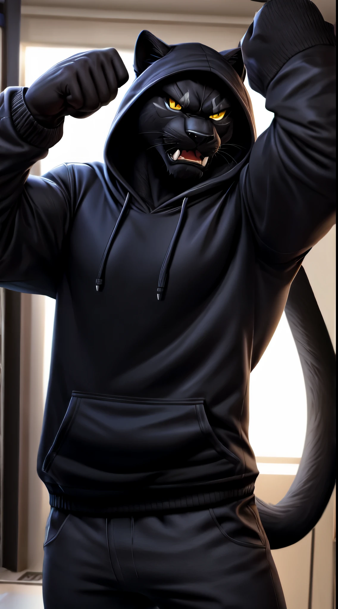 gigachad black panther in a hoodie, angry pointing at camera