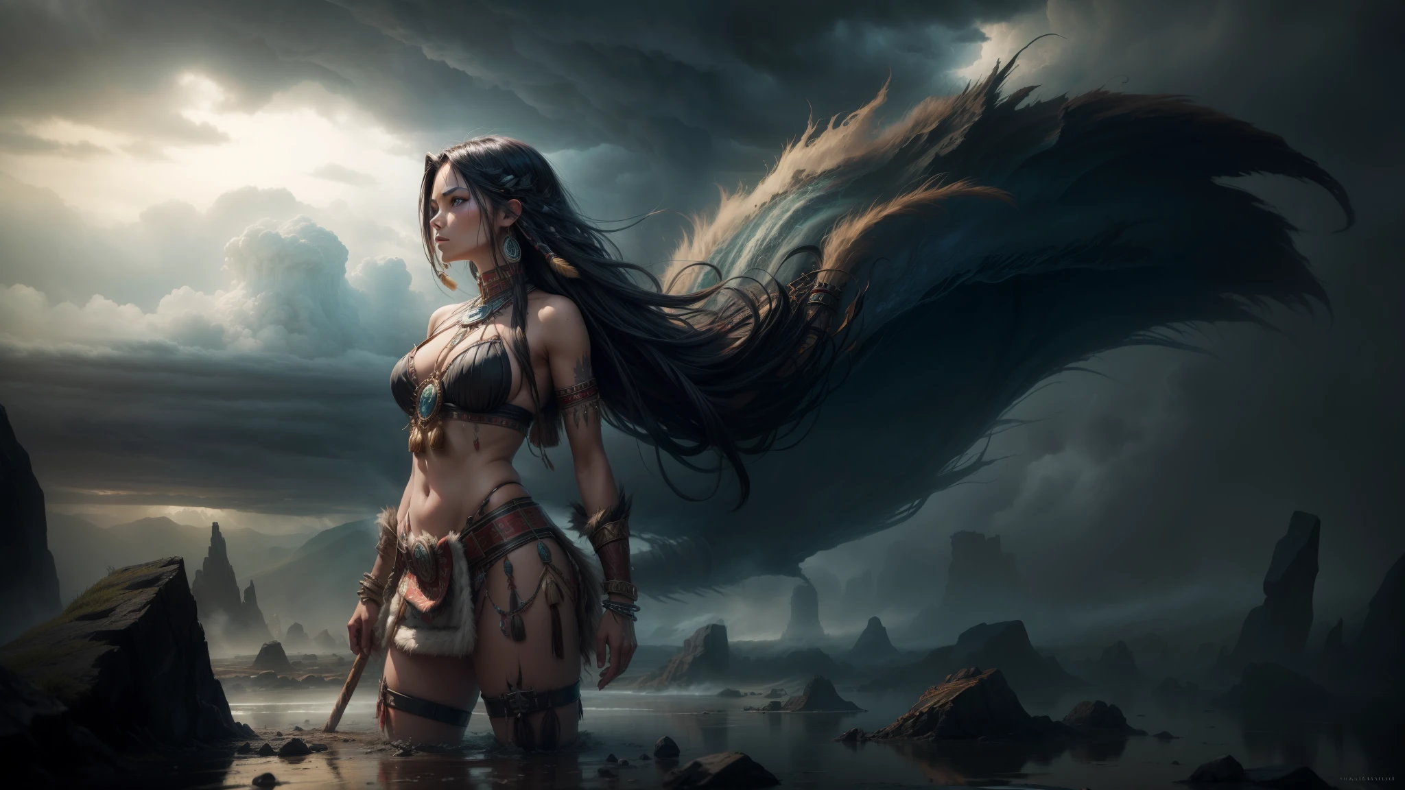 ((Tribal maiden)) amidst the remnants of an ancient civilization, facing a turbulent storm, swirling clouds, dynamic composition, painterly details, fantasy realism, captivating and dark ambiance."