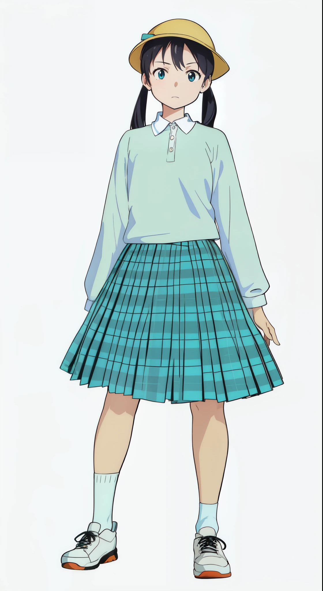 (white background:1.0), (best quality:1.0), (masterpiece:1.0), (super fine illustration:1.0), (beautiful artwork:1.0), (anime screencap:1.0), (official art:1.0), (full body:1.0), (solo:1.0), (ESGA:1.0), (a 12yo cute girl:1.0), (yellow hat:1.0), (red backpack:1.0), (long skirt:1.0), (green tartan skirt:1.0), (pleated skirt:1.0), (aqua blue polo shirt:1.0), (long sleeve polo shirt:1.0), (sneakers:1.0), (white socks:1.0), (ideal ratio body proportions:1.25), (lanky:1.25), (tall:1.25), (slender:1.25), (small breasts:1.25), (smaller face:1.25), (tareme:1.0), (detailed beautiful eyes:1.0), (detailed beautiful face:1.0), (glowing black eyes:1.0), (short hair:1.0), (low twintails:1.0), (black hair:1.0), (standing:1.0), (looking at viewer:1.0)