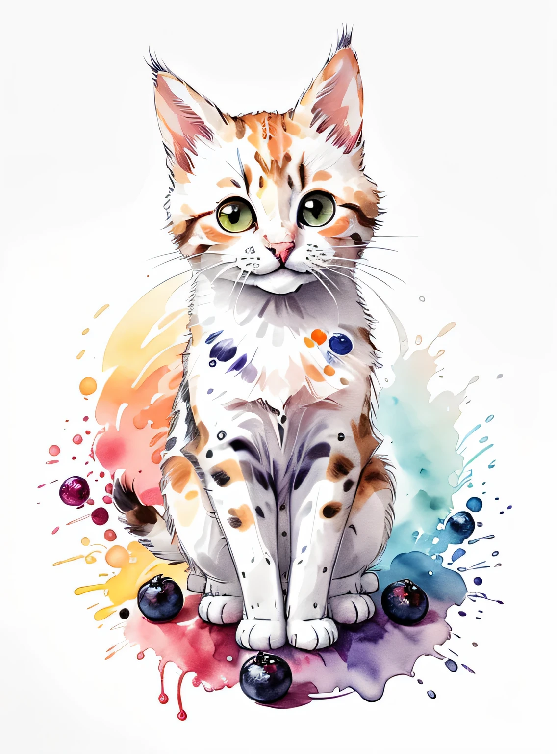 desenho circular, arte do logotipo, (design de gato com mirtilo e damasco e ameixa e doces),(Na mesa), Fantasia, colorida, vintage, encantador: fundo branco, Arte lowbrow, digital illustration, radiante; guache, 16k, minimalista, rabiscar, sociedade cg, solarpunk, qualidade crocante, afiado, Brilhante, volumetric lighting, Intricado, ample negative white space, como um logotipo,