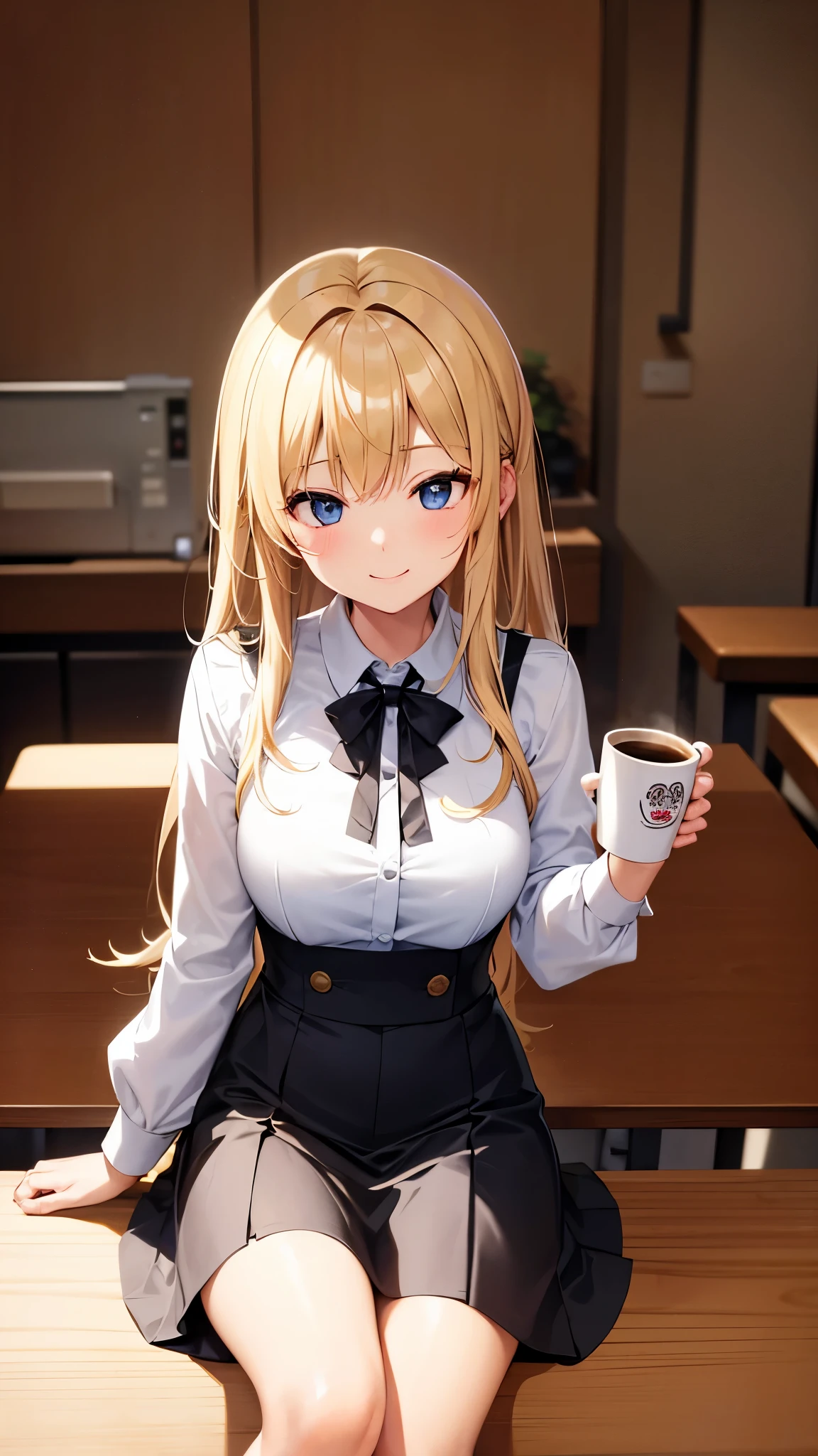 (8K, girl),suit figure、 OL、skirt to the knee、woman, blonde hair、drinking coffee, sitting at the table、smile、anatomically correct、drink coffee、Coffee cup、machine