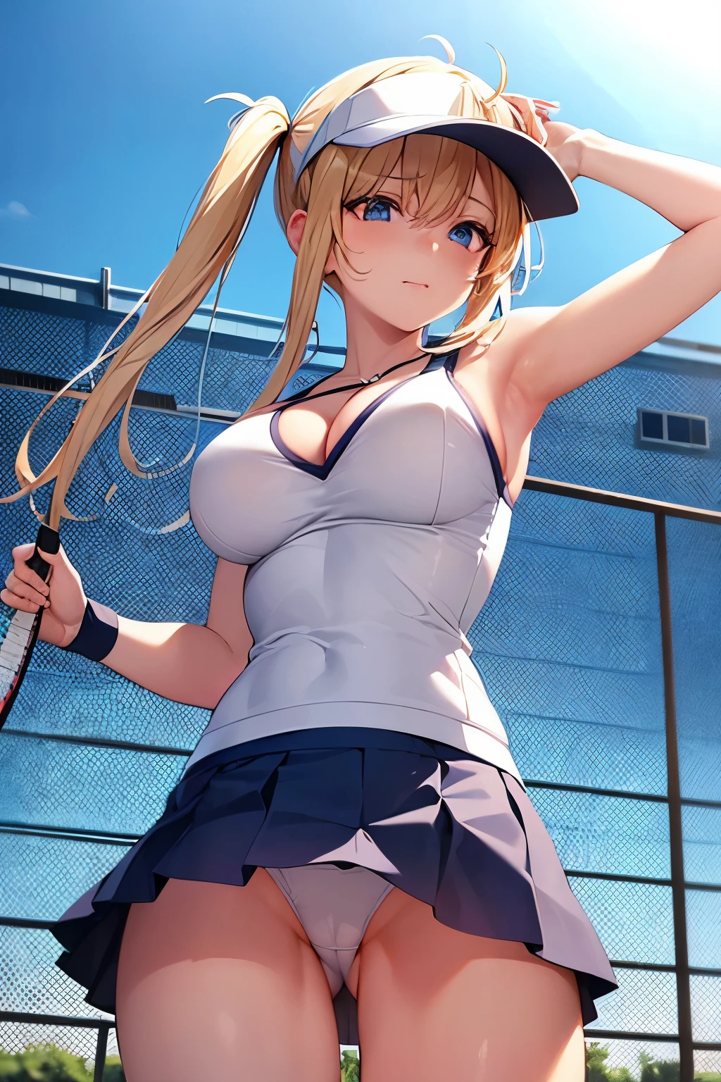 (Manatsu no yoru no yuki monogatari), (kazamatsuri mana), (1girl), (blonde hair), (blue eyes:1.1), blush, (breast press), (cameltoe:1.2), chain-link fence, cloud, (hair ribbon), (large breasts:1.2), light smile, (long hair), net, outdoors, (racket), ribbon, (shiny skin), (skirt), sky, (sportswear), tennis racket, (skimpy tennis uniform:1.2), (twintails), (visor cap), (white panties), wristband, (ultra realistic eyes), (detailed face), DSLR photography, sharp focus, Unreal Engine 5, Octane Render, Redshift, (cinematic lighting), f/1.4, ISO 200, 1/160s, RAW, unedited, symmetrical balance, in-frame, symmetrical face, symmetrical body, symmetric hands, (detailed face and eyes:1.2), (deep cleavage), (breasts bulge:1.3).