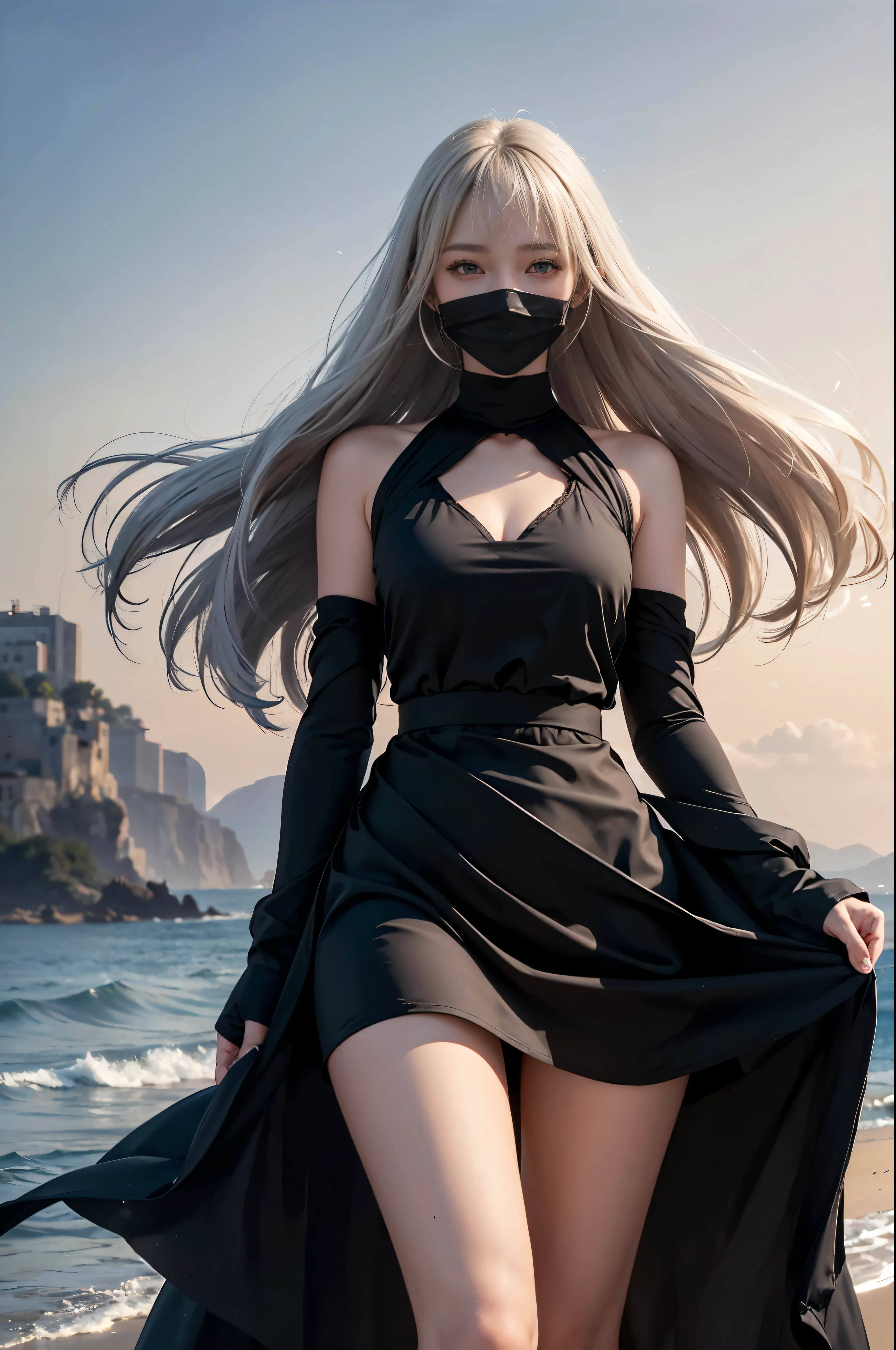 1 girl, blonde hair, gray hair, long hair, bangs, sparkling eyes, long eyelashes, eyes shine, compensate, smile, written boundary depth, from below, silhouette, from behind, wide shot, f/1.4, 135mm, canon, nffsw, retina, Accurate, anatomically correct, rough skin, Super detailed, advanced details, high quality, 最high quality, High resolution, 8K, (Woman walking on the beach at sunset), 逆光のsilhouette, (see through black dress), ((光を通して体のsilhouetteが見える)), (hair blowing in the wind), (My skirt flies up in the wind)
