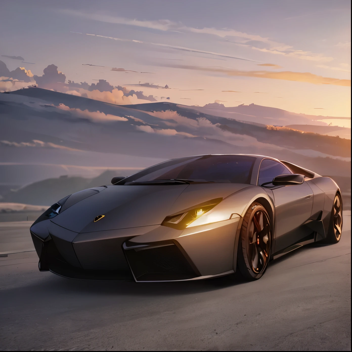 Make a lamborghini model reventon towards sunset while driving on a mountain road