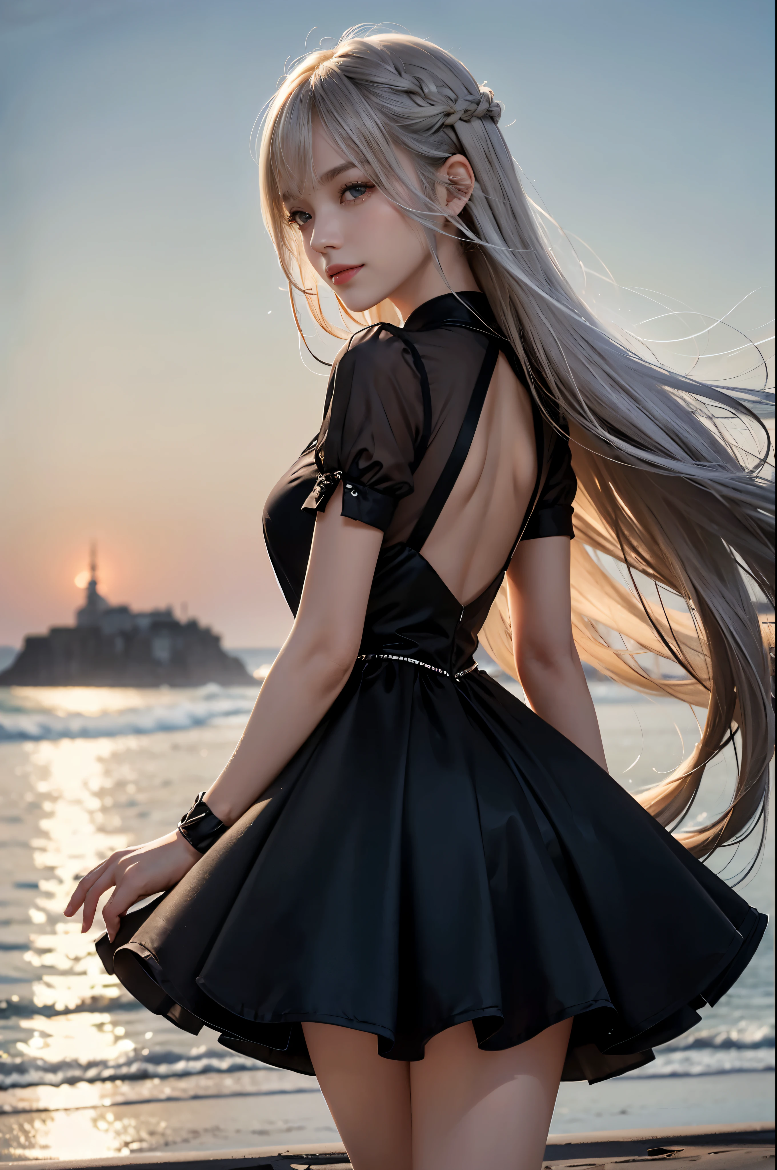 1 girl, blonde hair, gray hair, long hair, bangs, sparkling eyes, long eyelashes, eyes shine, compensate, smile, written boundary depth, from below, silhouette, from behind, wide shot, f/1.4, 135mm, canon, nffsw, retina, Accurate, anatomically correct, rough skin, Super detailed, advanced details, high quality, 最high quality, High resolution, 8K, (Woman walking on the beach at sunset), 逆光のsilhouette, (see through black dress), ((光を通して体のsilhouetteが見える)), (hair blowing in the wind), (My skirt flies up in the wind)