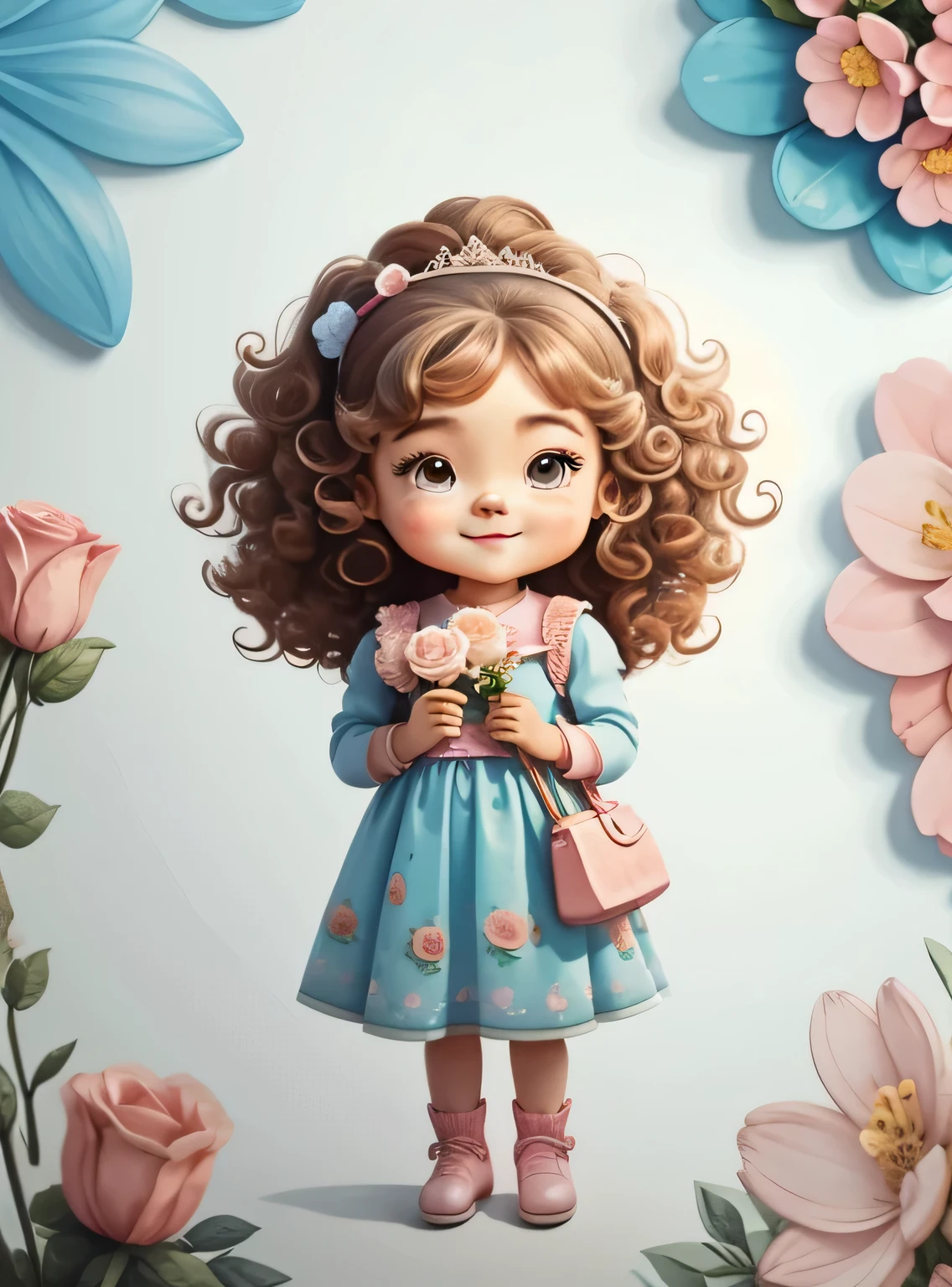 Generate image of a Bonitinho king's daughter princess praying, curly hair standing full body, ansioso, segurando flores em aquarela, sorridente;, vestido floral azul e rosa com babado rosa, alta qualidade, com fundo png, 16k, clear image , Bonitinho