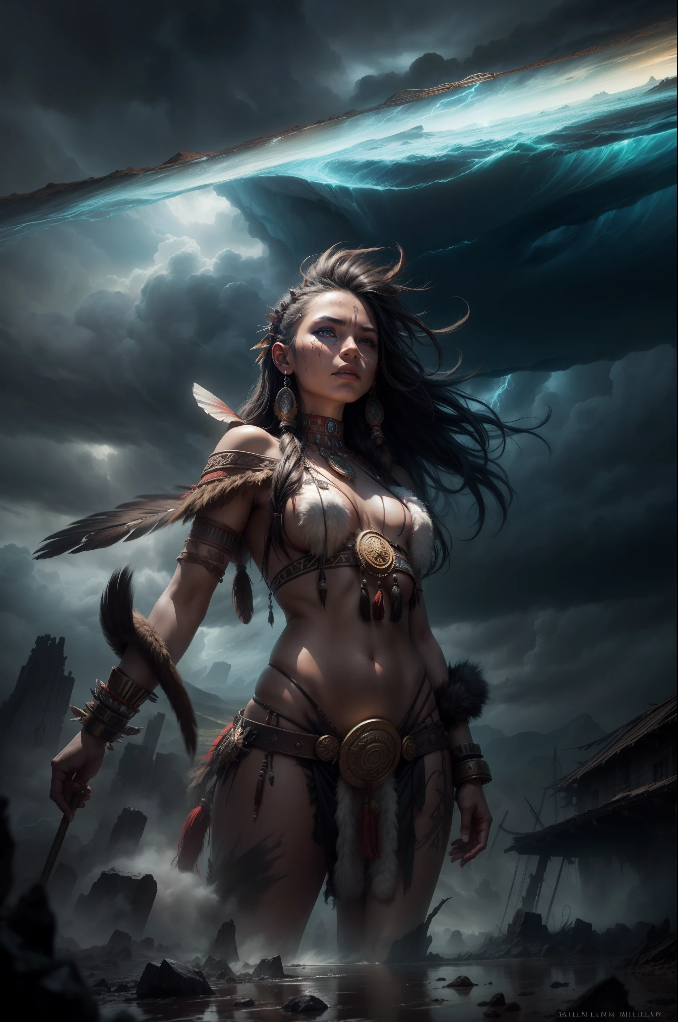 ((Tribal maiden)) amidst the remnants of an ancient civilization, facing a turbulent storm, swirling clouds, dynamic composition, painterly details, fantasy realism, captivating and dark ambiance."