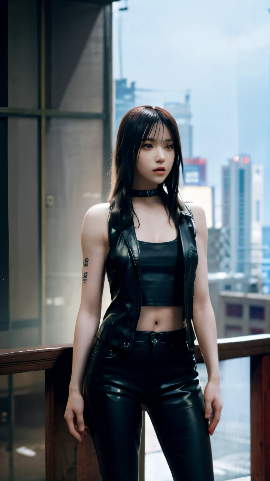 highest quality，masterpiece，Super detailed，8K, UHD，Beautiful woman，japanese woman，Expressionless，(Topless)，whole body，((tattoo))，slim，black leather pants，black leather vest，(female mafia)，gangster，(cyberpunk city)，night，cinematic lightening，movie poster，underworld