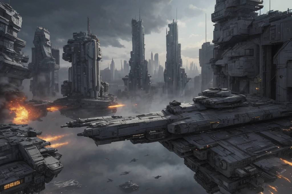 Ultra-realistic 16K CG, masterpiece, Best Composition, Photo quality, work of art, a lot of details, view from above, 8K, very detailed, distant fantasy, cyberpunk, hyper-detailed, crazy details, wet, rain, Moss on the walls, flowers, flood, a bomber is flying in the foreground, against the backdrop of a beautiful futuristic fantasy city in the style of Coruscant from Star Wars by John Lucas, war, there is a battle going on, the city is attacked by sky dreadnoughts, fire from the sky, Explosions, buildings are burning, rays from tracer shells in the sky, a downed dreadnought is burning in the background, debris, there is a battle going on, fog, Science fiction, Huge fantastic skyscrapers in the background, space elevator towers, very high background detail, A lot of small details, A busy street, a lot of passers-by, the sky is gloomy from burning, molten metal flows into water, fuel burns in water., two soldiers escort a slave, neck collar with chain