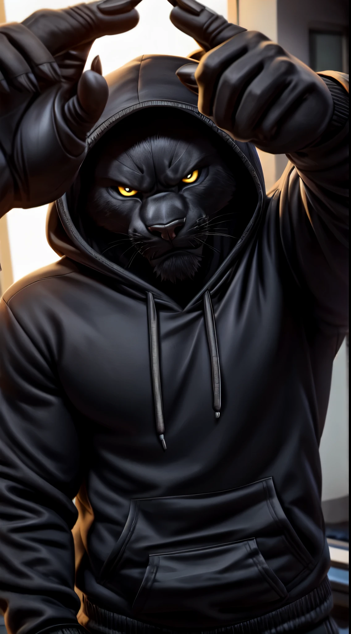 gigachad black panther in a hoodie, angry, finger pointing at camera