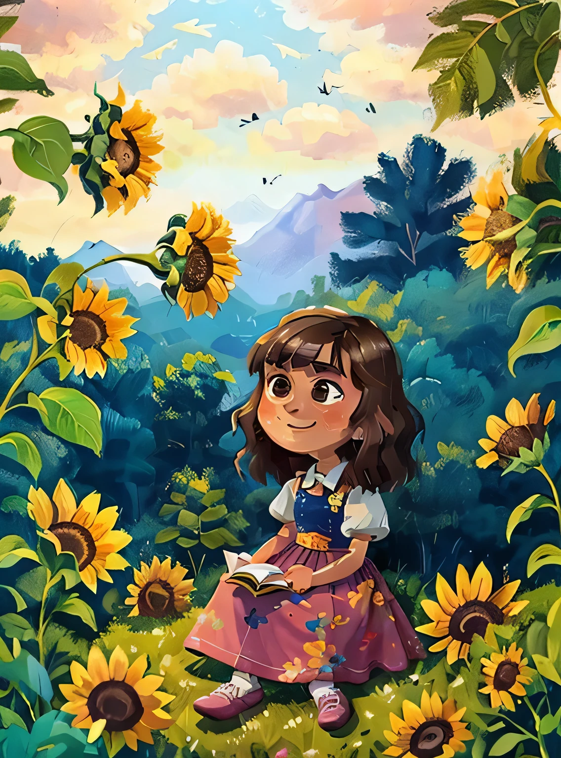 (uma pintura de mse) (pinceladas) (obra de arte, melhor qualidade), Close-up of the face of an 18-year-old girl with long dark hair sitting in a field of sunflowers, the hand under his chin, warm lighting, vestido branco, detailed facial features, Delicado, 1 de 6 anos, cabelo longo e escuro cacheado, Delicado strokes, slanted brown eyes and pink dress, 1 de 4 anos, cabelo escuro com corte bob e franja, olhos castanhos brilhantes e vestido azul .qualidade perfeita,foco claro(desordem - casa:0.8), (obra de arte:1.2) (realista:1.2) (Bokeh) (melhor qulity) (pele detalhada:1.3) (detalhes complexos) (8k) (olhos detalhados) (sharp focus),(Aproveitar)