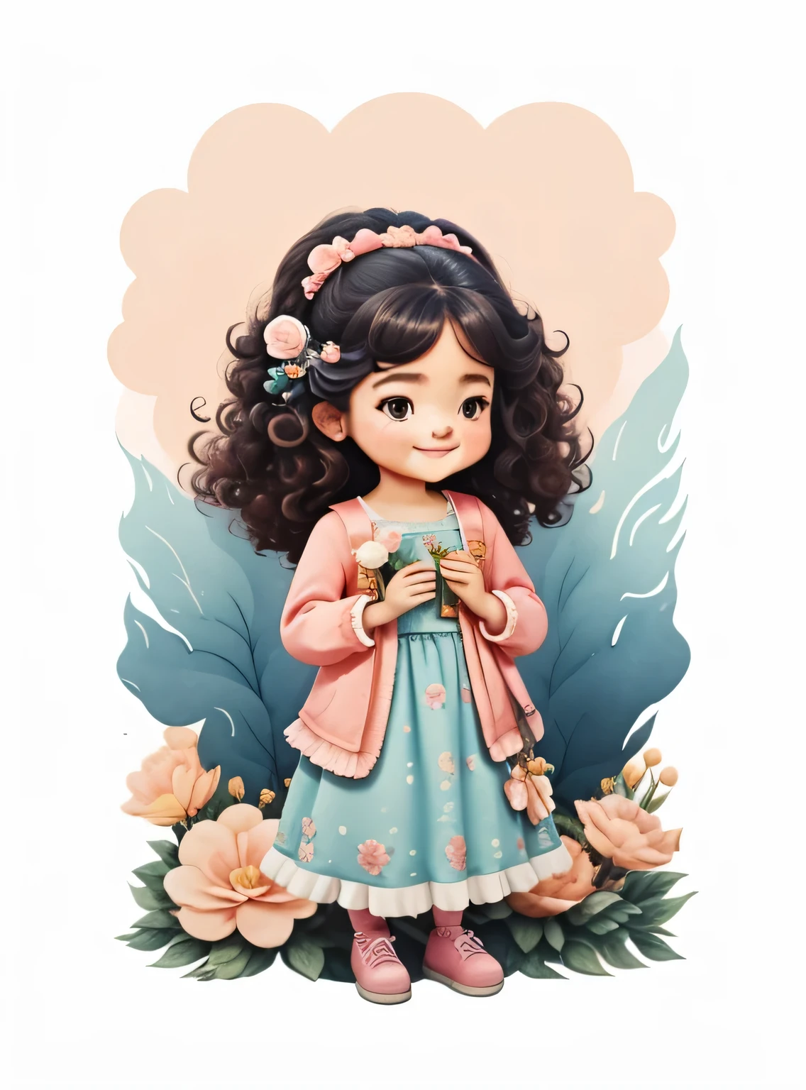Generate image of a Bonitinho king's daughter princess praying, curly hair standing full body, ansioso, segurando flores em aquarela, sorridente;, vestido floral azul e rosa com babado rosa, alta qualidade, com fundo png, 16k, clear image , Bonitinho