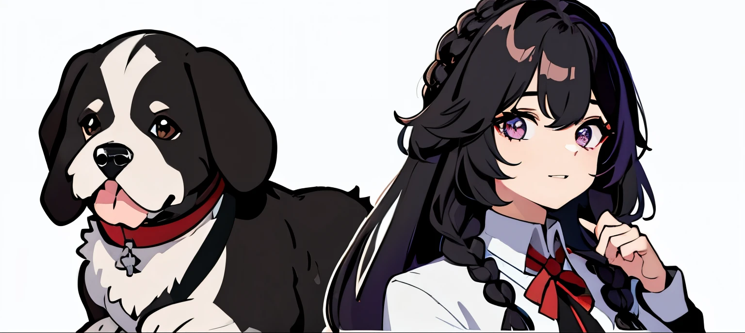 1girl, dog, (very long)(French braid)black hair