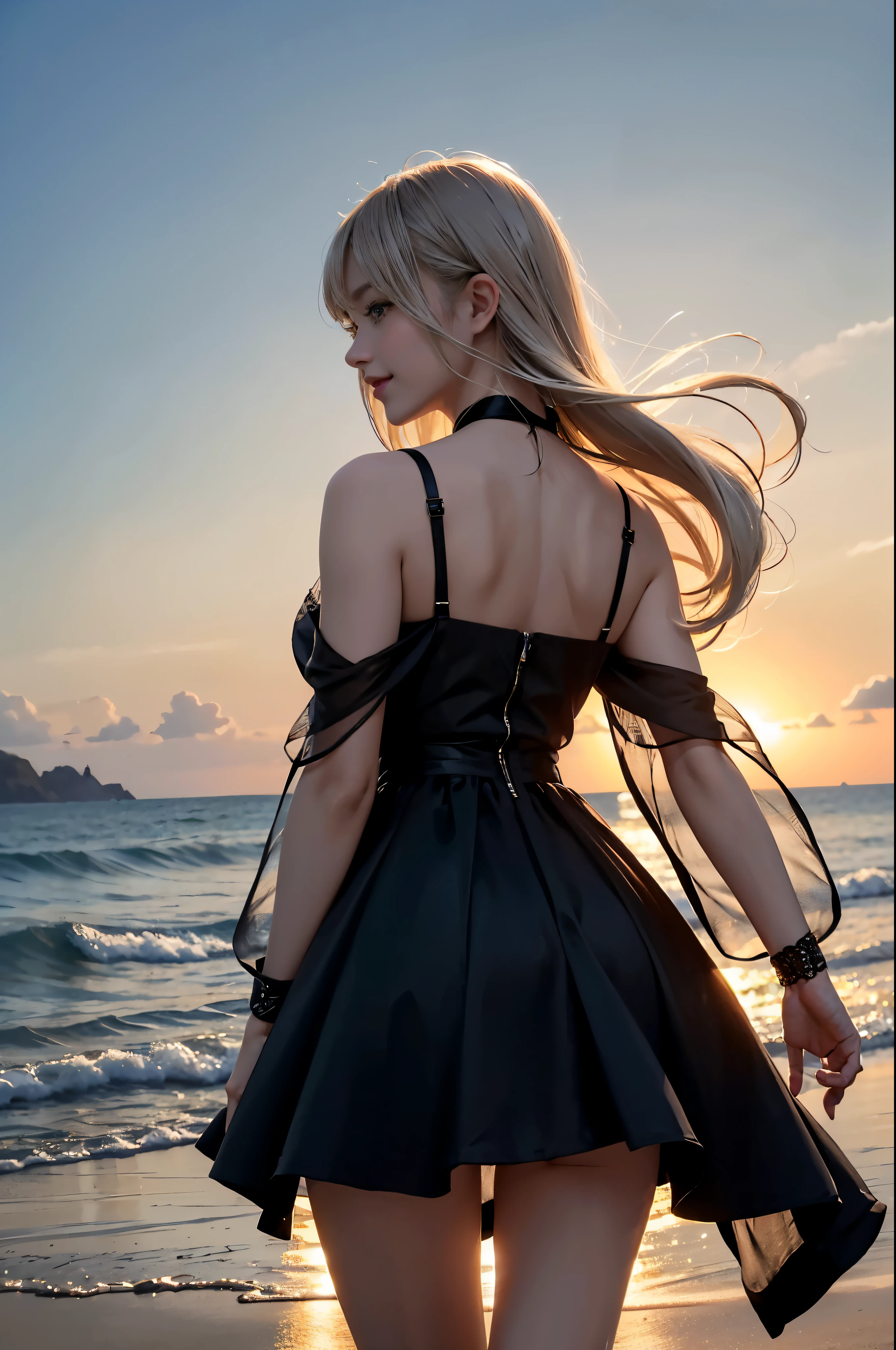 1 girl, blonde hair, gray hair, long hair, bangs, sparkling eyes, long eyelashes, eyes shine, compensate, smile, written boundary depth, from below, silhouette, from behind, wide shot, f/1.4, 135mm, canon, nffsw, retina, Accurate, anatomically correct, rough skin, Super detailed, advanced details, high quality, 最high quality, High resolution, 8K, (Woman walking on the beach at sunset), 逆光のsilhouette, (see-through red dress), ((光を通して体のsilhouetteが見える)), (hair blowing in the wind), (My skirt flies up in the wind)