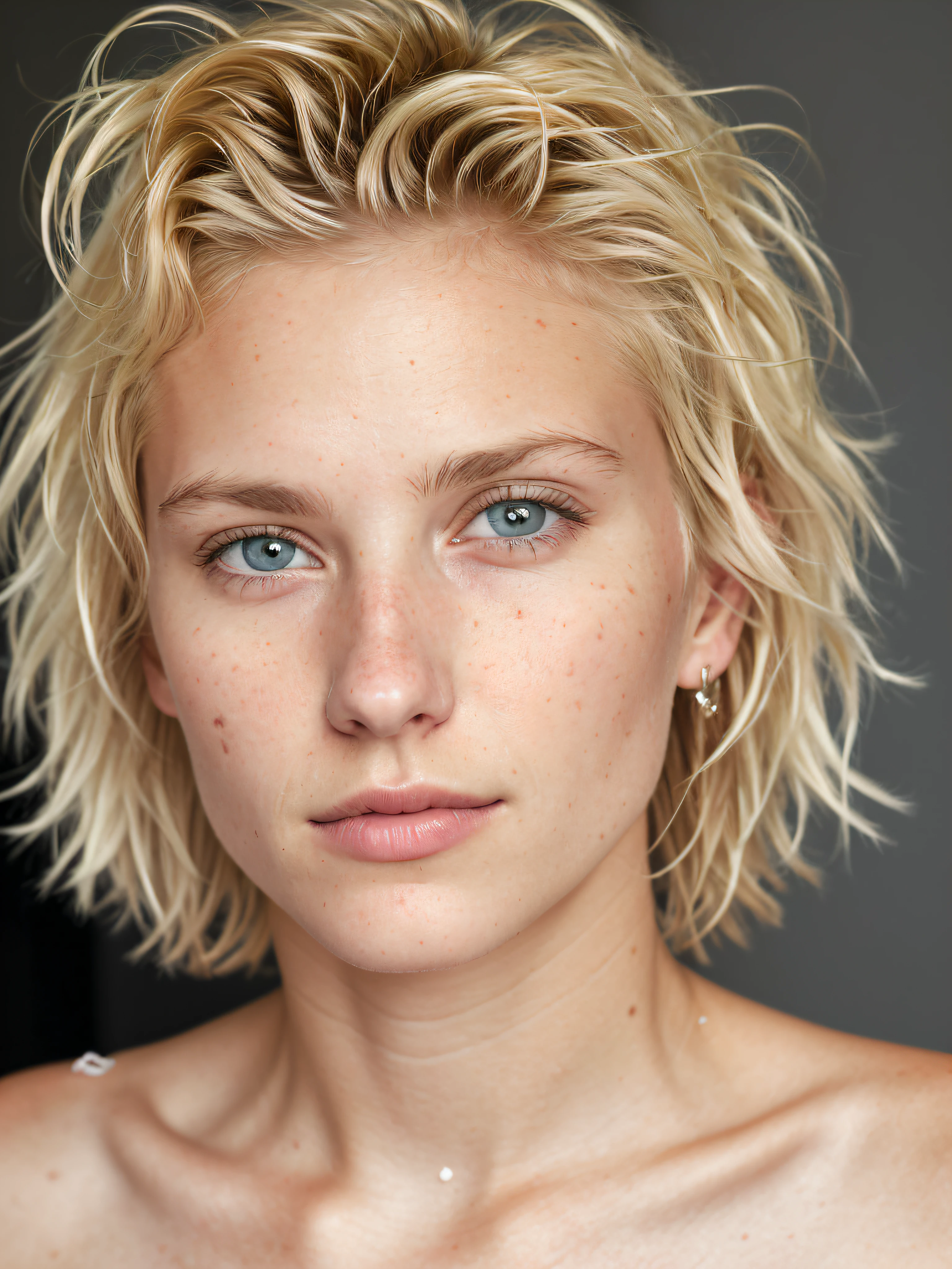 Mittlere Nahaufnahme, Attractive and stunning blonde girl(kurzes und unordentliches Haar) Schwedisch 18 Jahre alt, detailliert (Falten, beauty mistake! detailliert bright eyes, Thin nose, (Blick in die Kamera), spiegelnde Beleuchtung, DSLR, Ultra quality, scharf focus, scharf, dof, Filmkorn, zentriert, Fujifilm XT3, kristallin