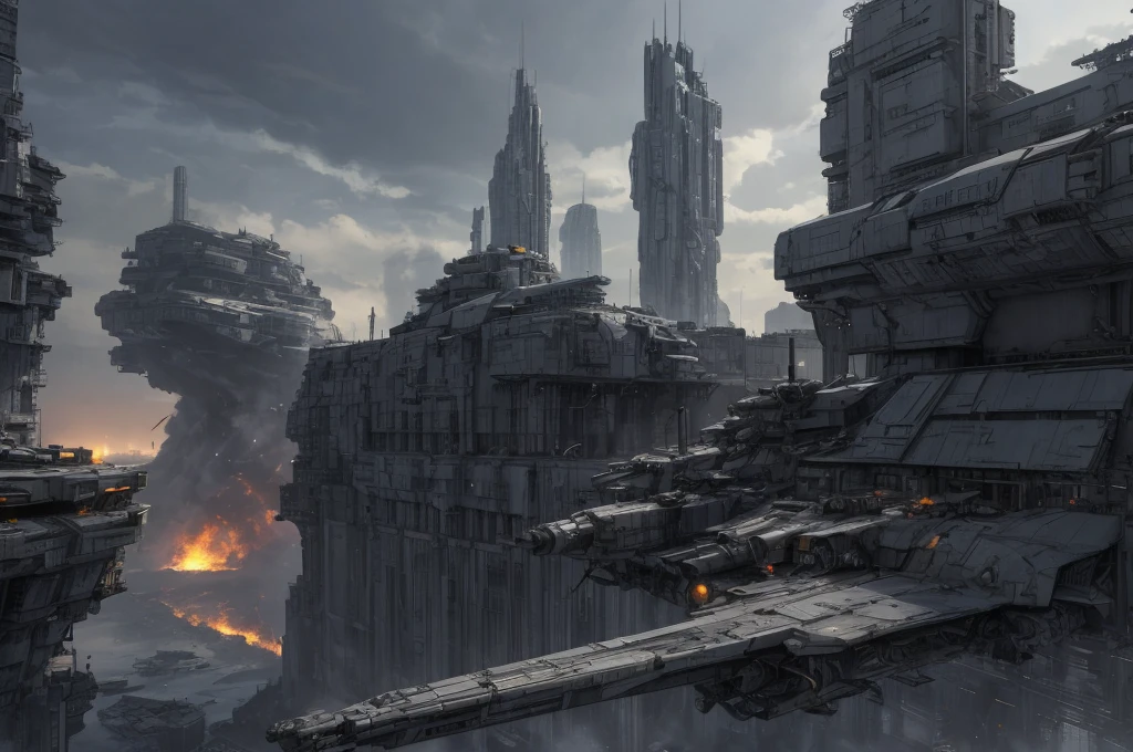 Ultra-realistic 16K CG, masterpiece, Best Composition, Photo quality, work of art, a lot of details, view from above, many waterfalls, deep crevice in the ground, canyon, 8K, very detailed, distant fantasy, cyberpunk, hyper-detailed, crazy details, wet, rain, Moss on the walls, flowers, flood, a bomber is flying in the foreground, against the backdrop of a beautiful futuristic fantasy city in the style of Coruscant from Star Wars by John Lucas, war, there is a battle going on, the city is attacked by sky dreadnoughts, fire from the sky, Explosions, buildings are burning, rays from tracer shells in the sky, a downed dreadnought is burning in the background, debris, there is a battle going on, fog, Science fiction, Huge fantastic skyscrapers in the background, space elevator towers, very high background detail, A lot of small details, A busy street, a lot of passers-by, the sky is gloomy from burning, molten metal flows into water, fuel burns in water., two soldiers escort a slave, neck collar with chain