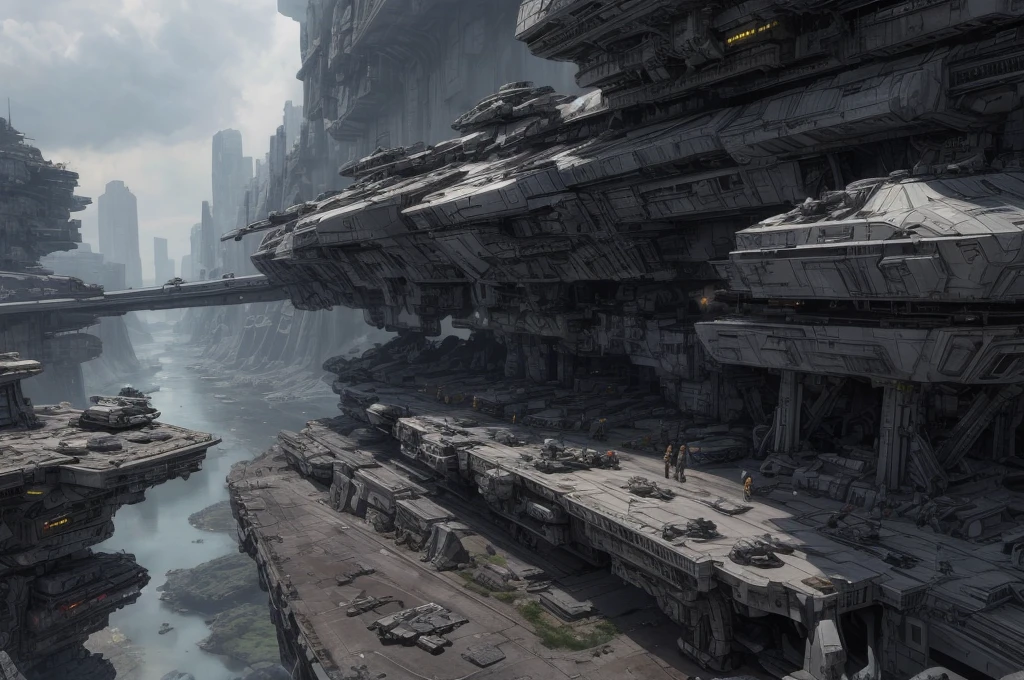 Ultra-realistic 16K CG, masterpiece, Best Composition, Photo quality, work of art, a lot of details, view from above, many waterfalls, deep crevice in the ground, canyon, 8K, very detailed, distant fantasy, cyberpunk, hyper-detailed, crazy details, wet, rain, Moss on the walls, flowers, flood, a bomber is flying in the foreground, against the backdrop of a beautiful futuristic fantasy city in the style of Coruscant from Star Wars by John Lucas, war, there is a battle going on, the city is attacked by sky dreadnoughts, fire from the sky, Explosions, buildings are burning, rays from tracer shells in the sky, a downed dreadnought is burning in the background, debris, there is a battle going on, fog, Science fiction, Huge fantastic skyscrapers in the background, space elevator towers, very high background detail, A lot of small details, A busy street, a lot of passers-by, the sky is gloomy from burning, molten metal flows into water, fuel burns in water., two soldiers escort a slave, neck collar with chain