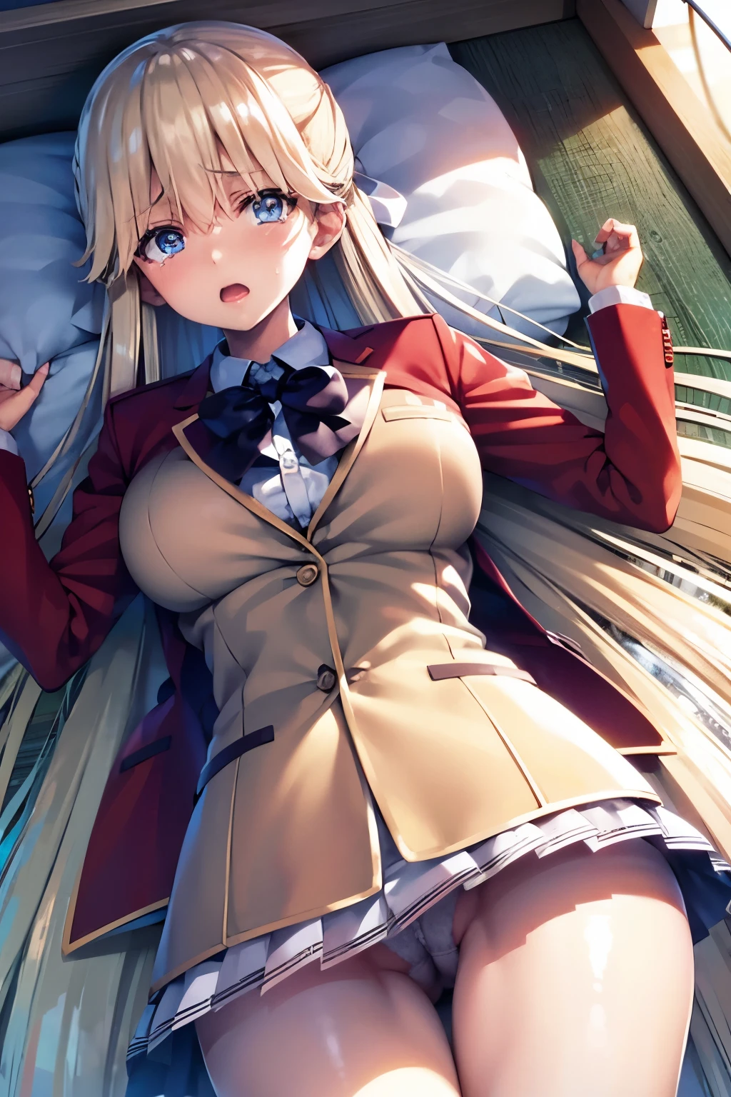 vmasterpiece, top-quality, highres, 1girl tsubasa nanase blonde hair blue eyes, school uniform red jacket white shirt white skirt white ribbon 、looking at the viewers,BREAK (masutepiece:1.2), Best Quality, High resolution, Unity 8k壁纸, (Illustration:0.8), (Beautiful detailed eyes:1.6), extra detailed face, Perfect Lighting, extremely details CG, (Perfect hands, Perfect Anatomy), (Crying face:1.3)、 NSFW,Normal bit,(Missionary position),Lying in bed,bird’s eye view),(Spread legs),(Sleep on your back:1.5),(Girl trembling with sexual climax)