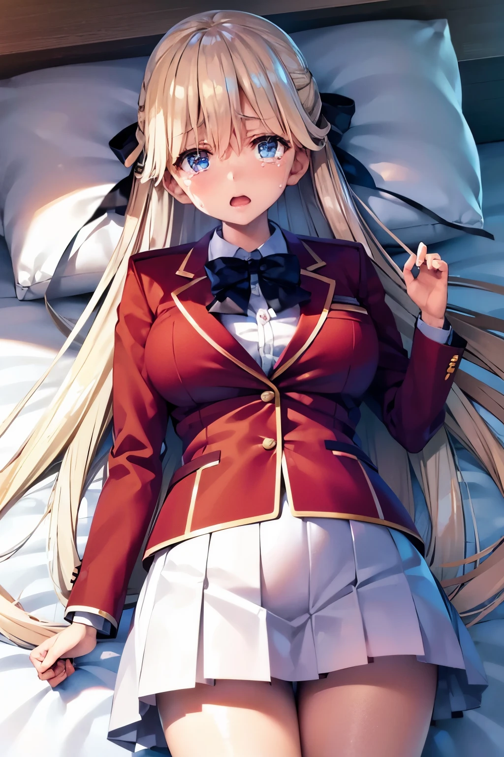 vmasterpiece, top-quality, highres, 1girl tsubasa nanase blonde hair blue eyes, school uniform red jacket white shirt white skirt white ribbon 、looking at the viewers,BREAK (masutepiece:1.2), Best Quality, High resolution, Unity 8k壁纸, (Illustration:0.8), (Beautiful detailed eyes:1.6), extra detailed face, Perfect Lighting, extremely details CG, (Perfect hands, Perfect Anatomy), (Crying face:1.3)、 NSFW,Normal bit,(Missionary position),Lying in bed,bird’s eye view),(Spread legs),(Sleep on your back:1.5),(Girl trembling with sexual climax)