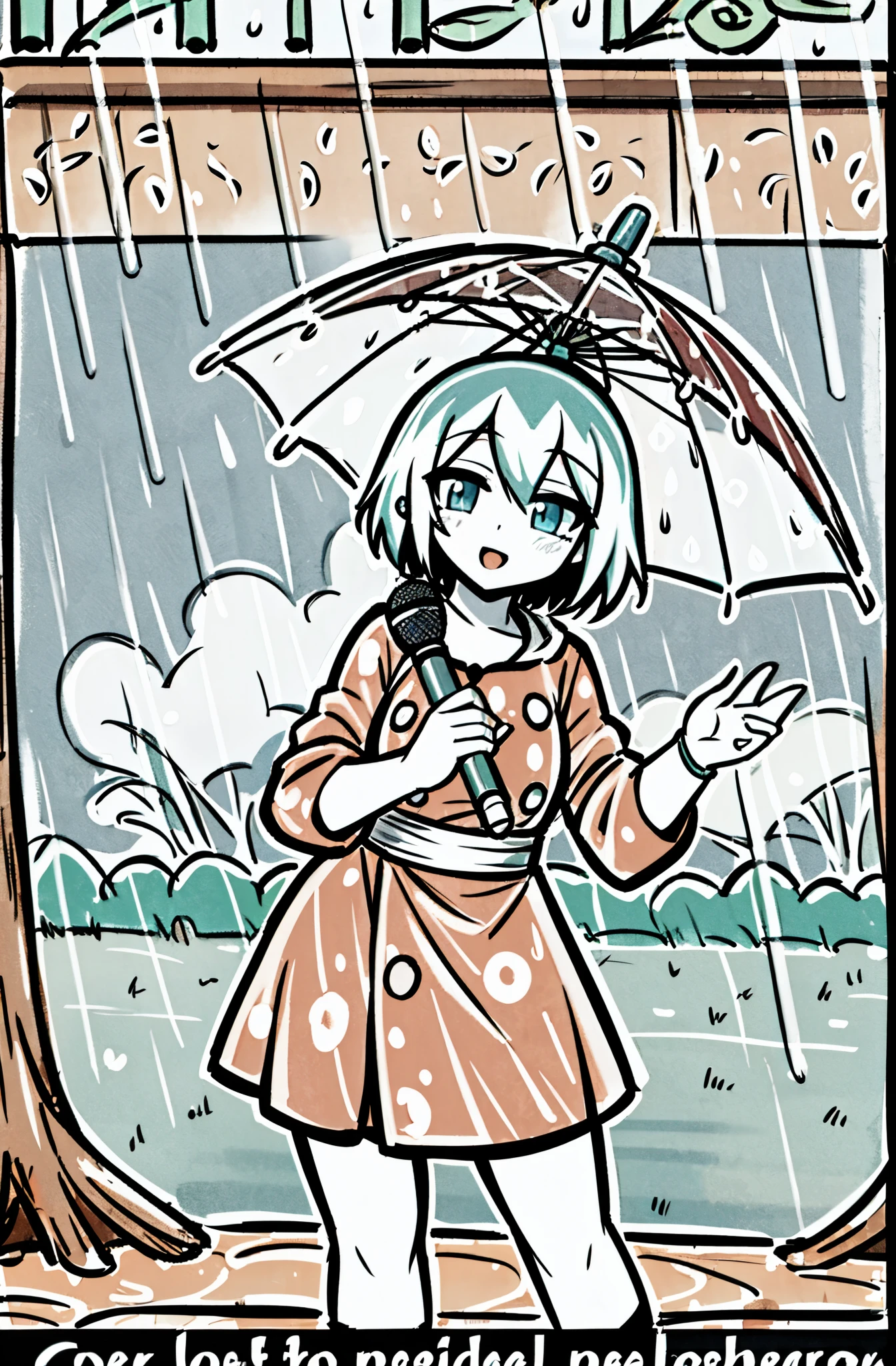 reporter, reporter on rain, weather girl, weather reporter, microphone, rainning, by bestiary_style, masterpiece, best quality, text, watermark, solo,