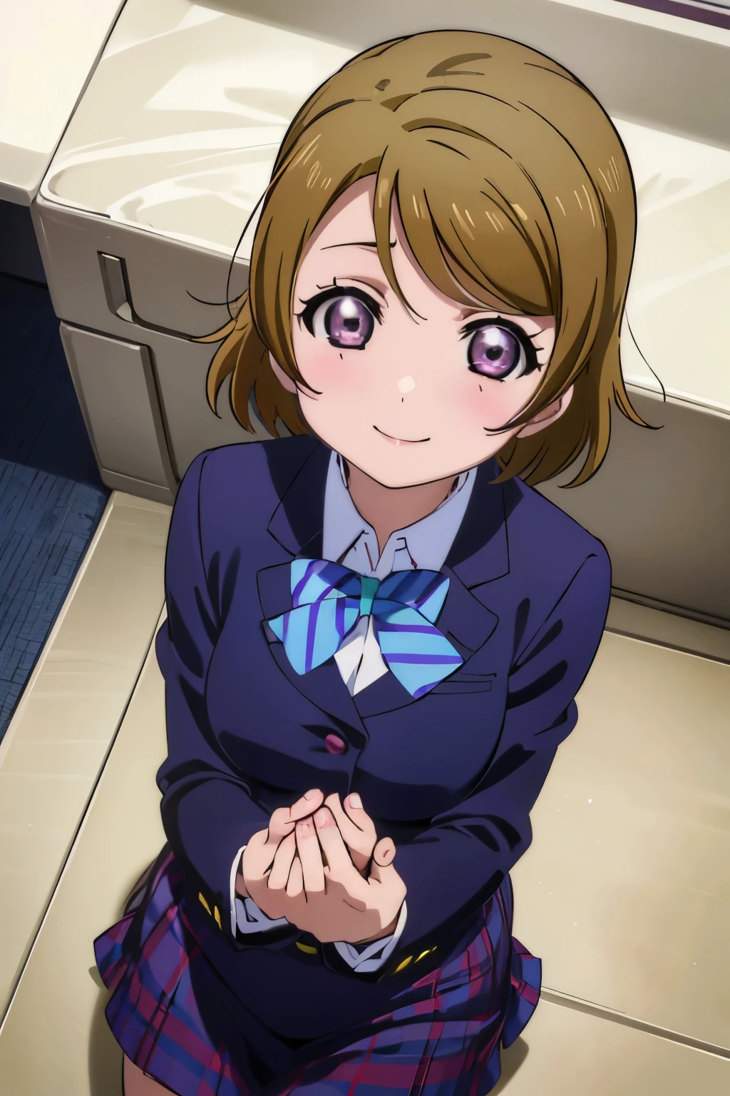 (((pixel perfect, detail perfect))), alone, 1 girl, Hanayo Koizumi, school uniform, looking at the viewer, smile,light brown hair,short hair,purple ruby eyes