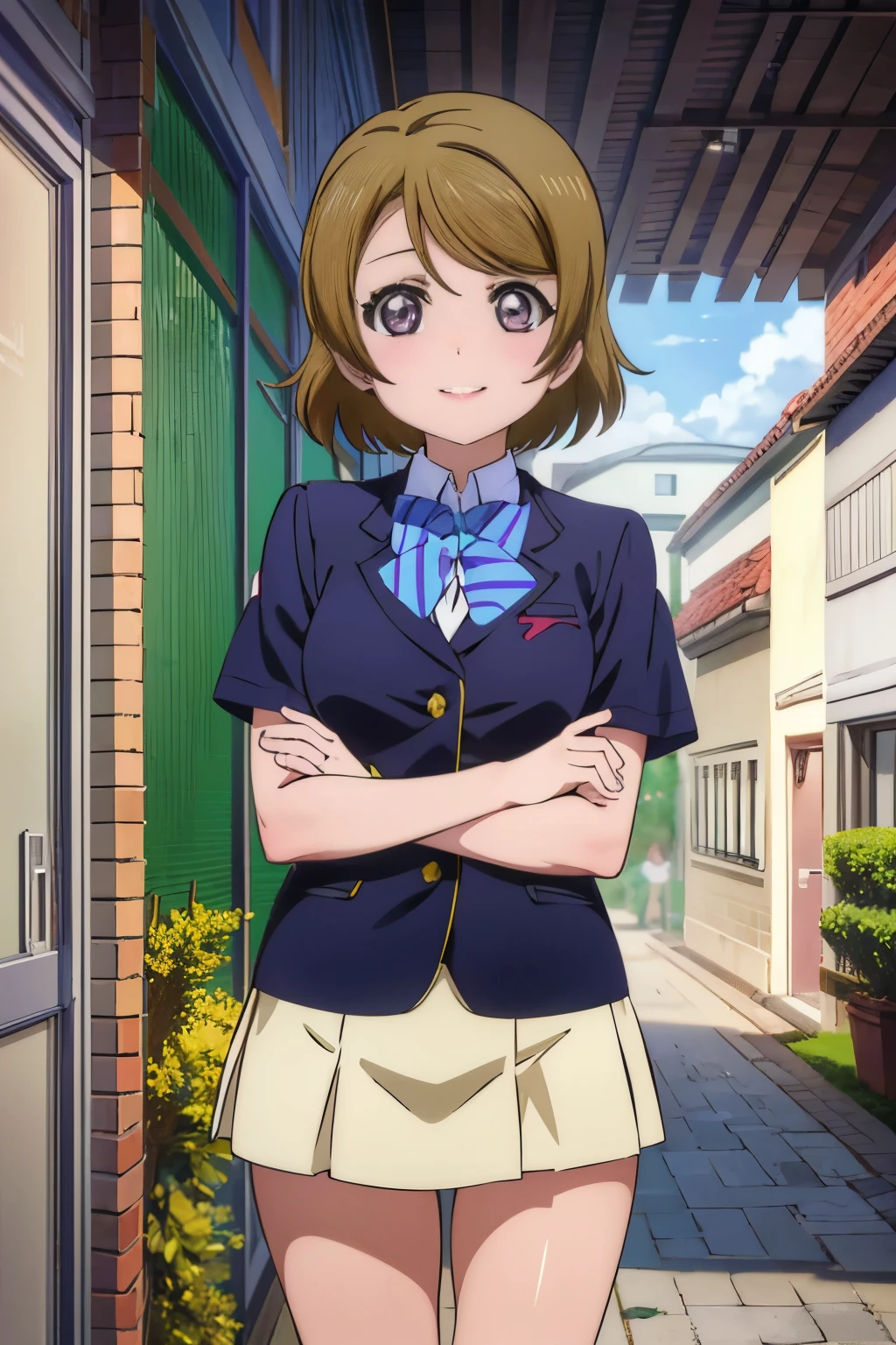 (((pixel perfect, detail perfect))), alone, 1 girl, Hanayo Koizumi, school uniform, looking at the viewer, smile,light brown hair,short hair,purple ruby eyes