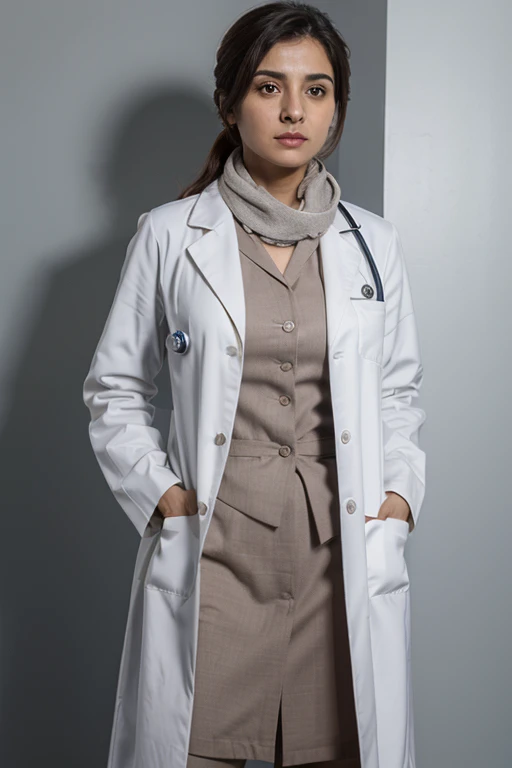 extremely high quality, realismo, female doctor, Iranian Doctor, long White medical coat, scarf