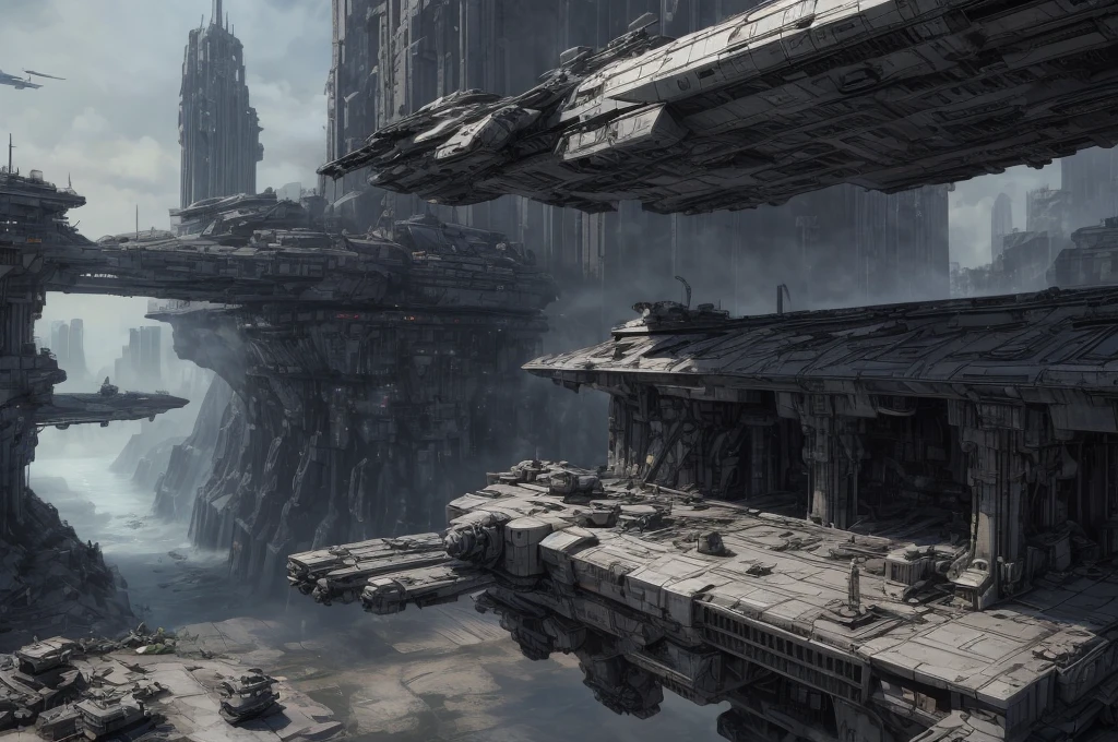 Ultra-realistic 16K CG, masterpiece, Best Composition, Photo quality, work of art, a lot of details, view from above, many waterfalls, deep crevice in the ground, canyon, 8K, very detailed, distant fantasy, cyberpunk, hyper-detailed, crazy details, wet, rain, Moss on the walls, flowers, flood, a bomber is flying in the foreground, against the backdrop of a beautiful futuristic fantasy city in the style of Coruscant from Star Wars by John Lucas, war, there is a battle going on, the city is attacked by sky dreadnoughts, fire from the sky, Explosions, buildings are burning, rays from tracer shells in the sky, a downed dreadnought is burning in the background, debris, there is a battle going on, fog, Science fiction, Huge fantastic skyscrapers in the background, space elevator towers, very high background detail, A lot of small details, A busy street, a lot of passers-by, the sky is gloomy from burning, molten metal flows into water, fuel burns in water., two soldiers escort a , neck collar with chain