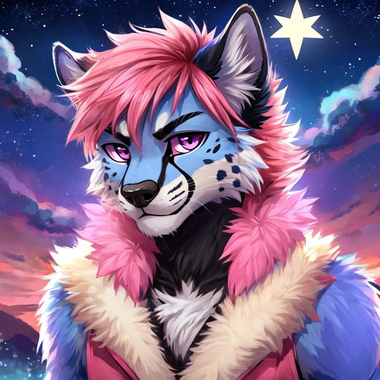 cute gay wolf furry, male, solo, blue fur and pink, cheetah spotted fur, blue and pink eyes, with a black Tuxedo on, fluffy hair, beautiful stars in the background.