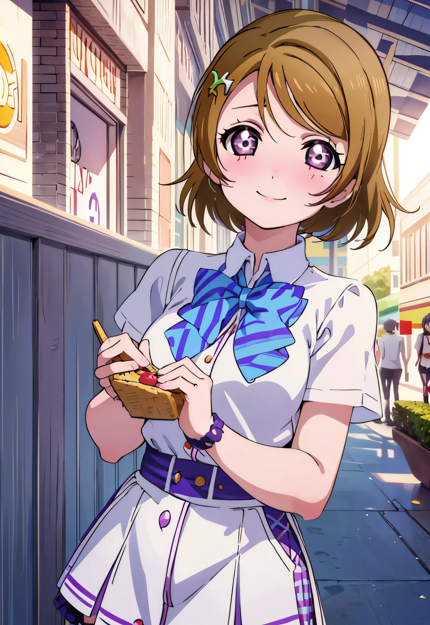 (((pixel perfect, detail perfect))), alone, 1 girl, Hanayo Koizumi, school uniform, looking at the viewer, smile,light brown hair,short hair,purple ruby eyes