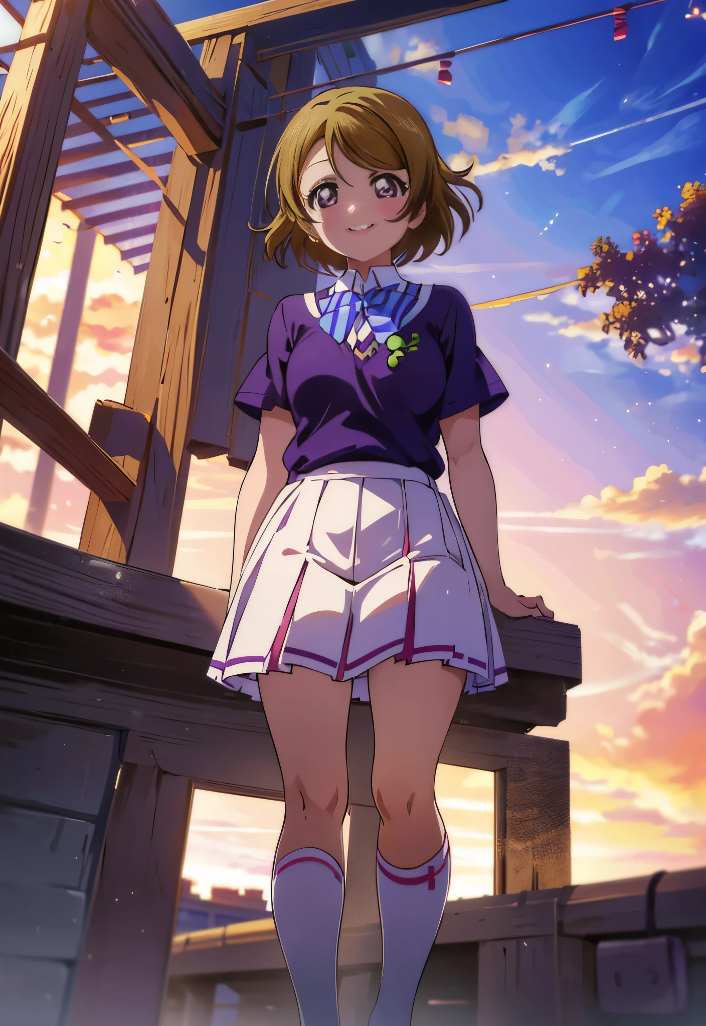 (((pixel perfect, detail perfect))), alone, 1 girl, Hanayo Koizumi, school uniform, looking at the viewer, smile,light brown hair,short hair,purple ruby eyes