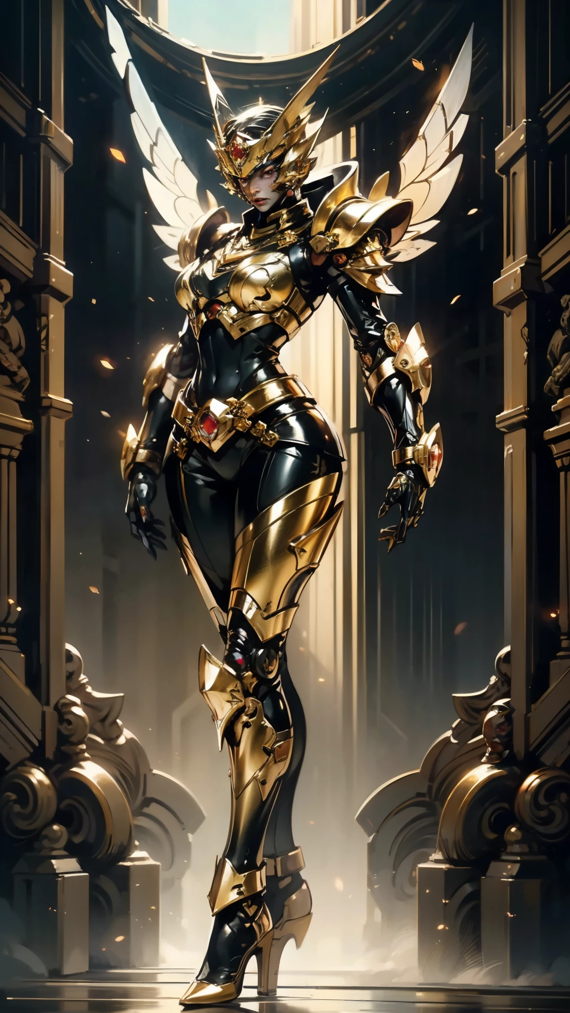 A woman adorned in fantasy-style full-body armor, a crown-concept fully enclosed helmet that unveils only her eyes, a composite layered chest plate, fully encompassing shoulder and hand guards, a lightweight waist armor, form-fitting shin guards, the overall design is heavy-duty yet flexible, (the armor gleams with a golden glow, complemented by red and blue accents), exhibiting a noble aura, she floats above a fantasy-surreal high-tech city, this character embodies a finely crafted fantasy-surreal style armored hero in anime style, exquisite and mature manga art style, (mixture of Queen bee and Spider concept Armor, plasma), ((Element, elegant, goddess, femminine:1.5)), metallic, high definition, best quality, highres, ultra-detailed, ultra-fine painting, extremely delicate, professional, anatomically correct, symmetrical face, extremely detailed eyes and face, high quality eyes, creativity, RAW photo, UHD, 32k, Natural light, cinematic lighting, masterpiece-anatomy-perfect, masterpiece:1.5